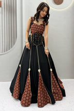 Black Cotton Flared Lehenga Choli with Ajrakh Printed Inset Gussets & Tasseled Bustier