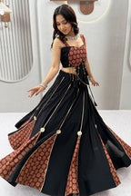 Black Cotton Flared Lehenga Choli with Ajrakh Printed Inset Gussets & Tasseled Bustier