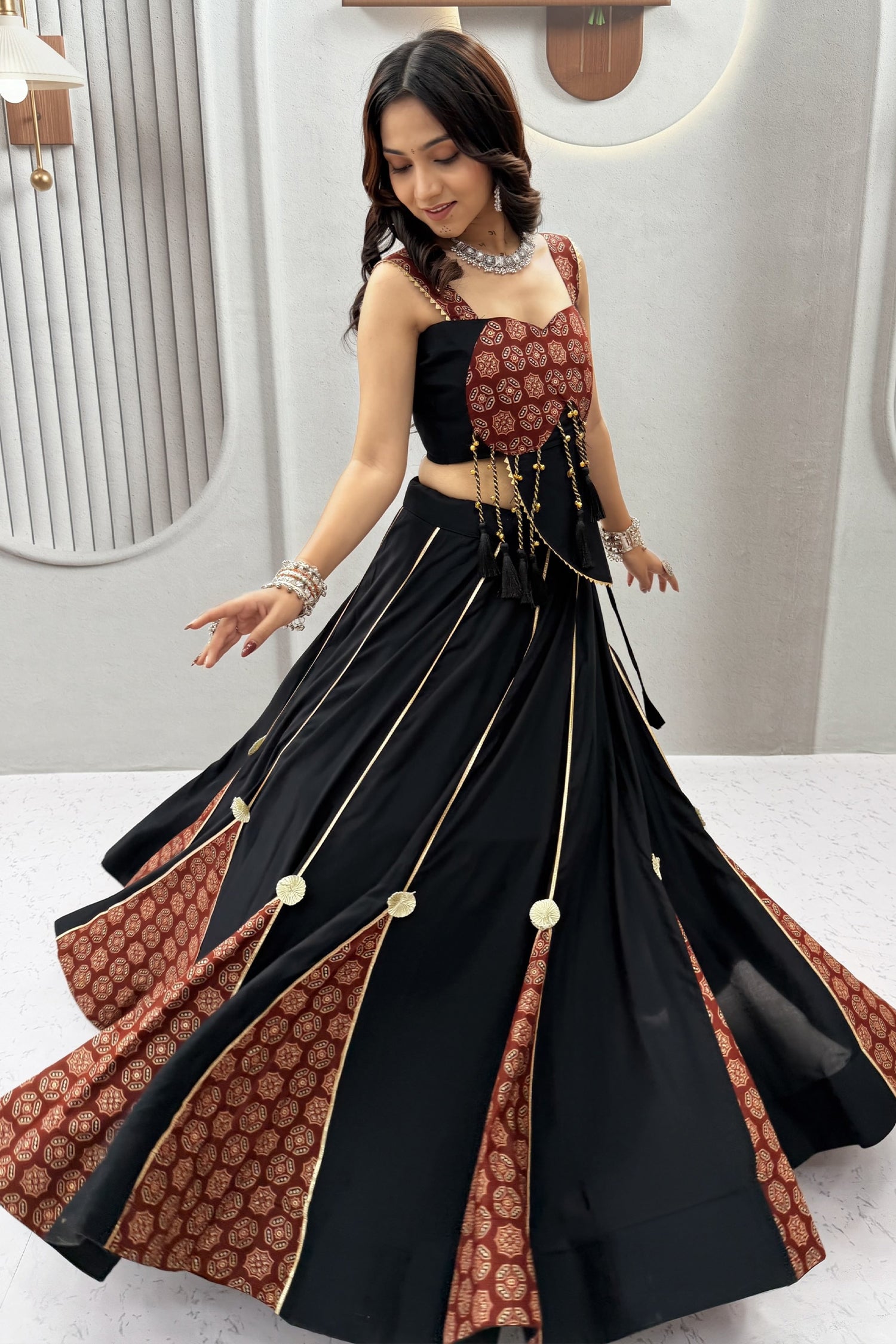 Black Cotton Flared Lehenga Choli with Ajrakh Printed Inset Gussets & Tasseled Bustier