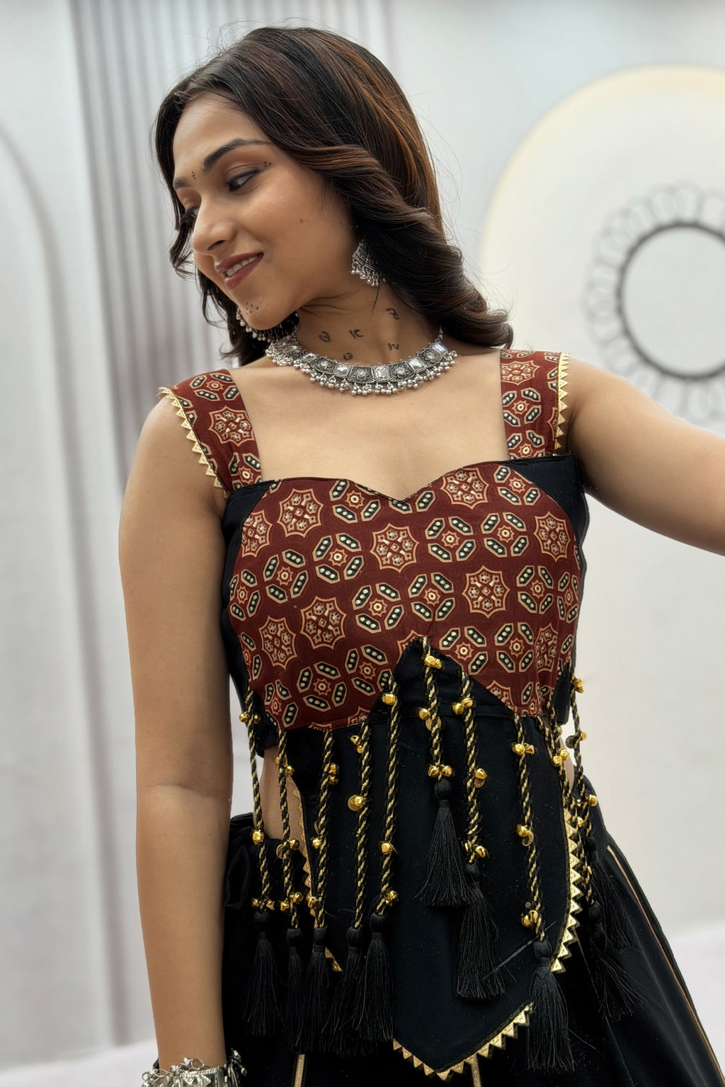 Black Cotton Flared Lehenga Choli with Ajrakh Printed Inset Gussets & Tasseled Bustier