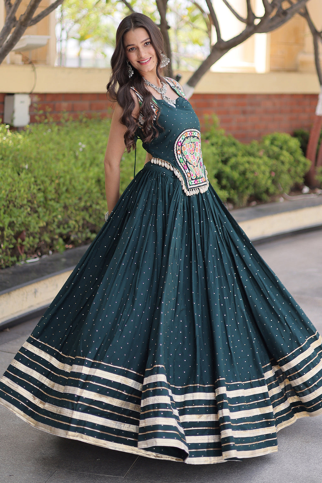Green Rayon Mirror and Gota Patti Work Lehenga Choli