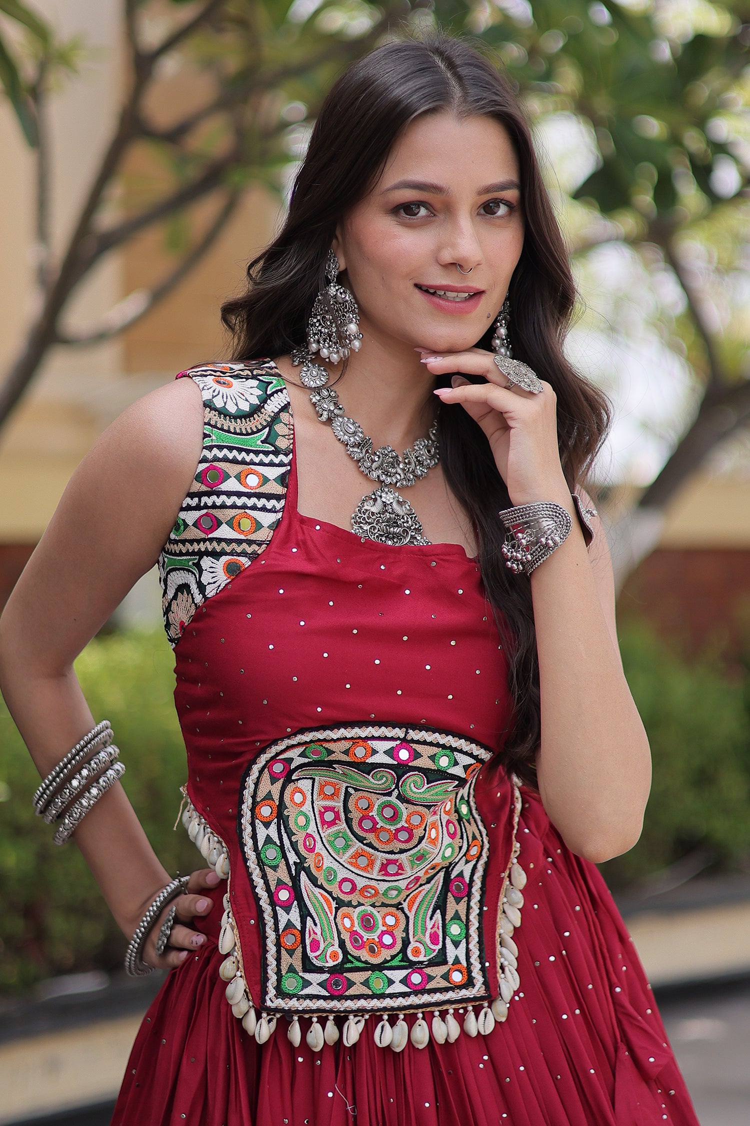 Maroon Rayon Mirror and Gota Patti Work Lehenga Choli