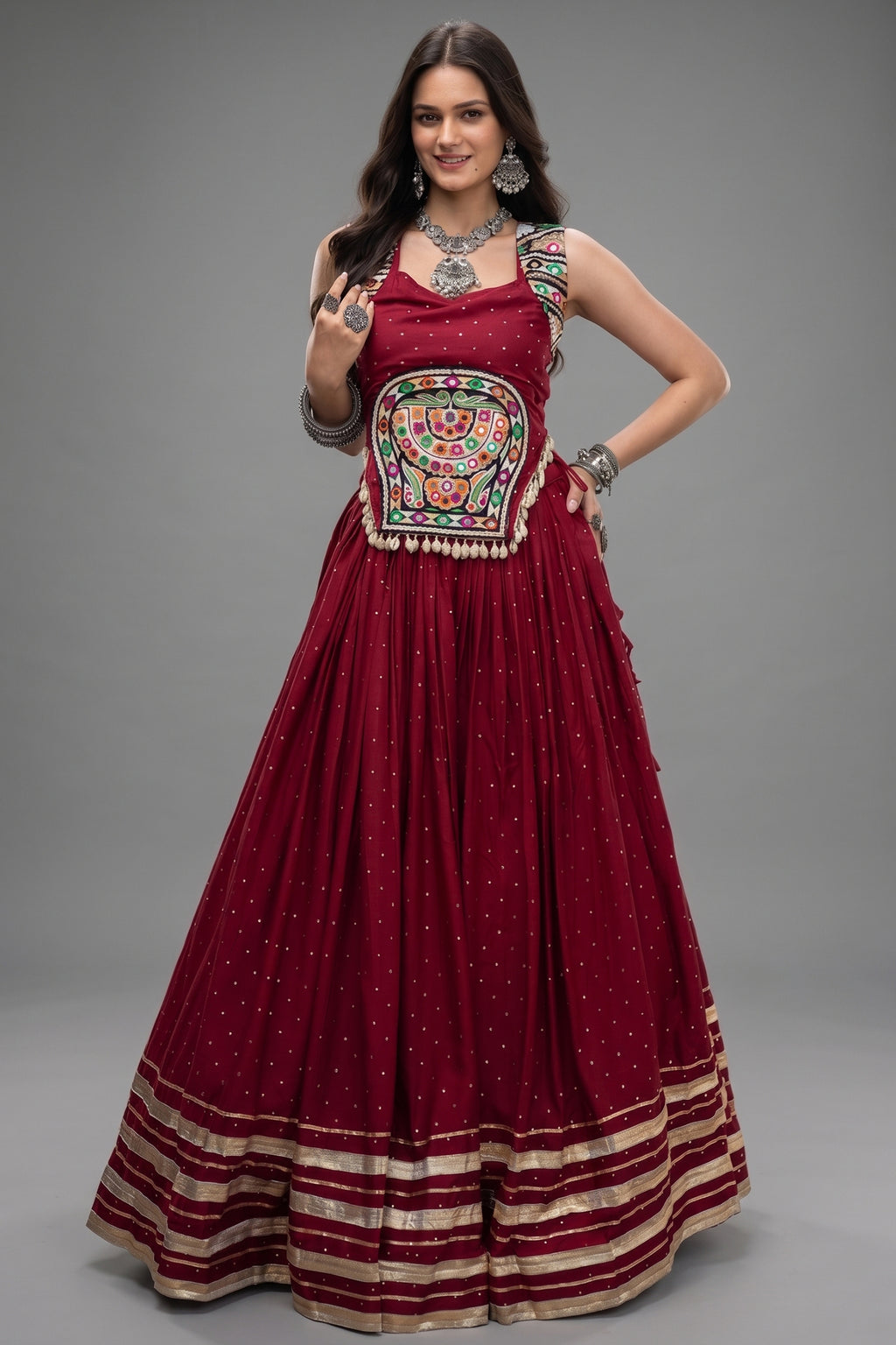 Maroon Rayon Mirror and Gota Patti Work Lehenga Choli