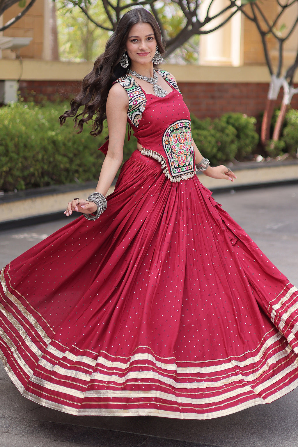 Maroon Rayon Mirror and Gota Patti Work Lehenga Choli