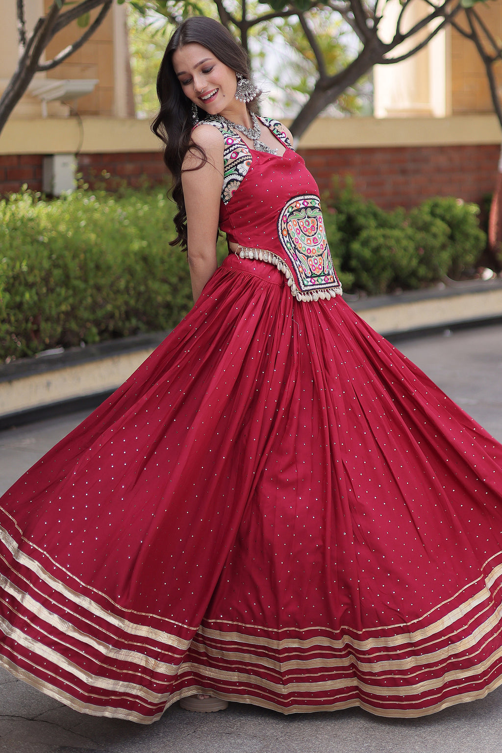 Maroon Rayon Mirror and Gota Patti Work Lehenga Choli
