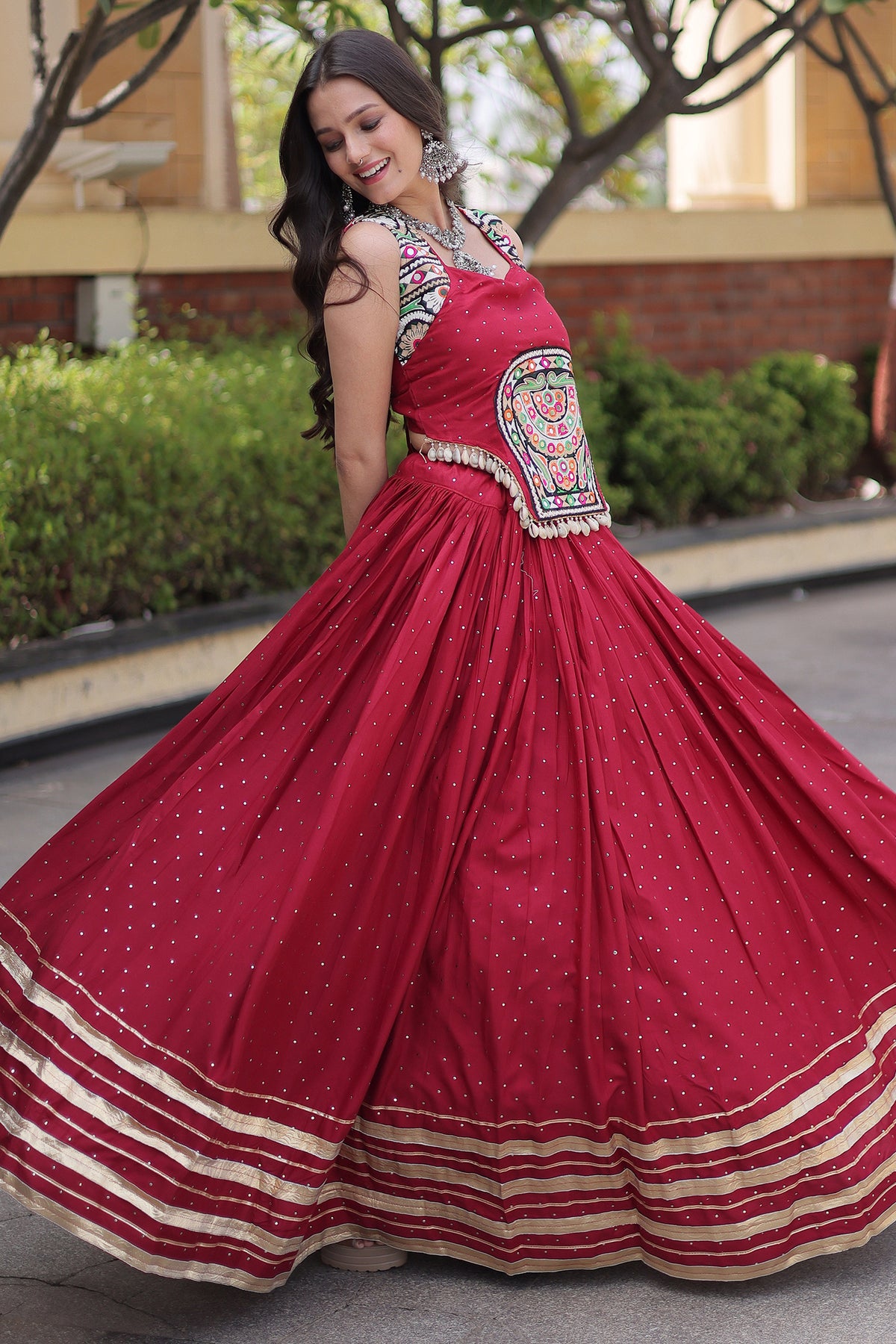 Maroon Rayon Mirror and Gota Patti Work Lehenga Choli