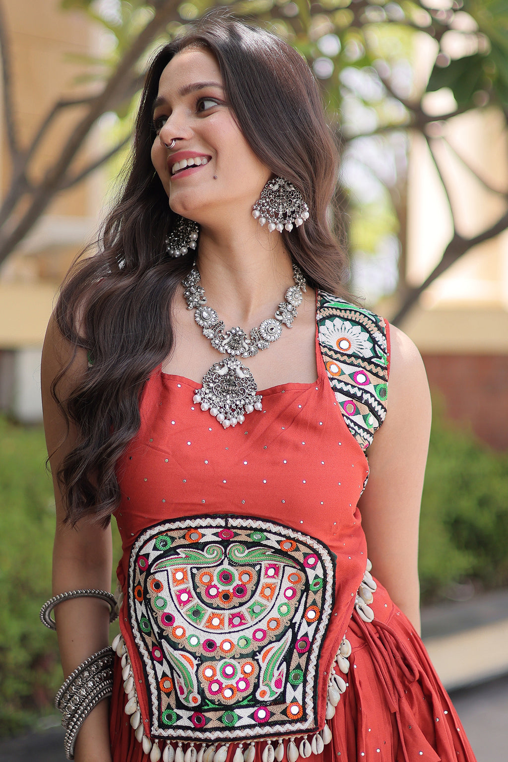 Orange Rayon Mirror and Gota Patti Work Lehenga Choli