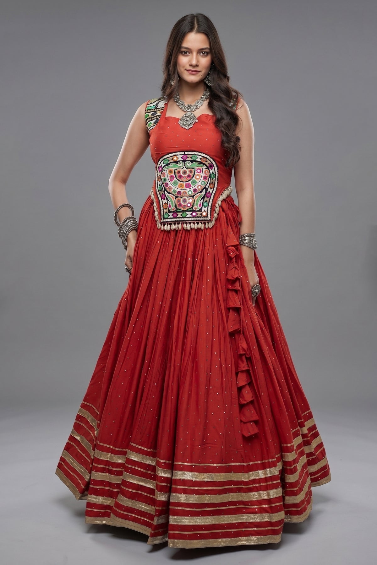 Orange Rayon Mirror and Gota Patti Work Lehenga Choli