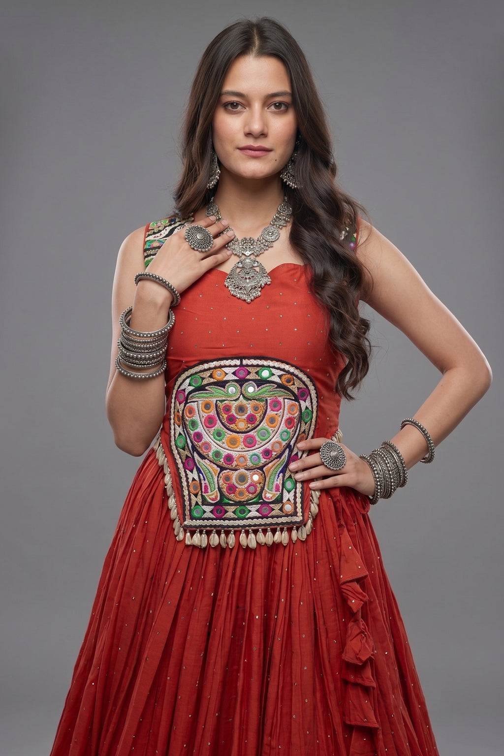 Orange Rayon Mirror and Gota Patti Work Lehenga Choli