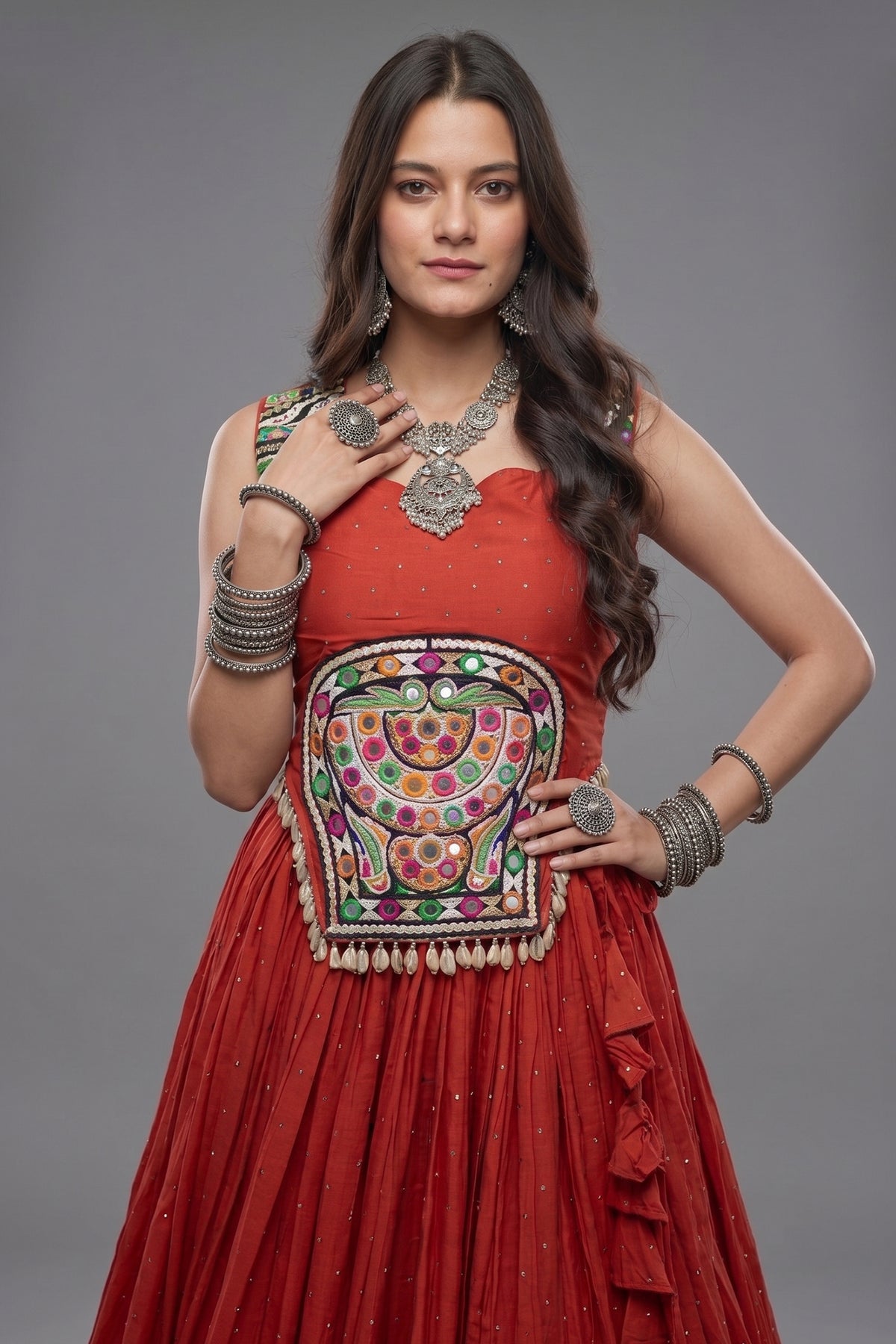 Orange Rayon Mirror and Gota Patti Work Lehenga Choli