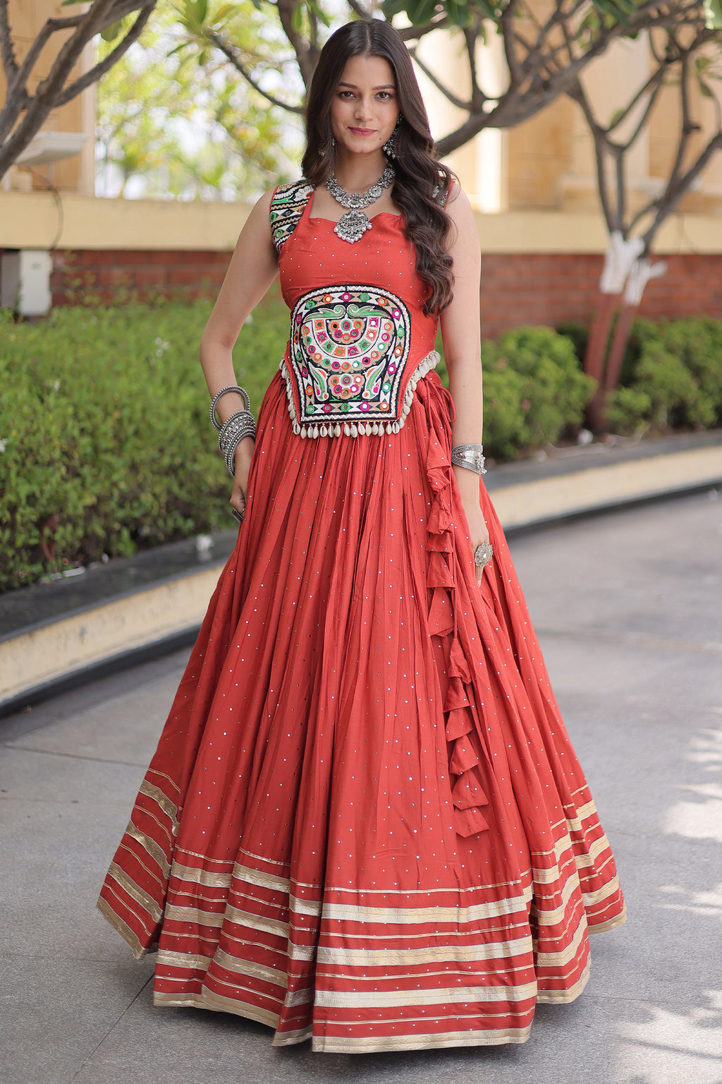 Orange Rayon Mirror and Gota Patti Work Lehenga Choli