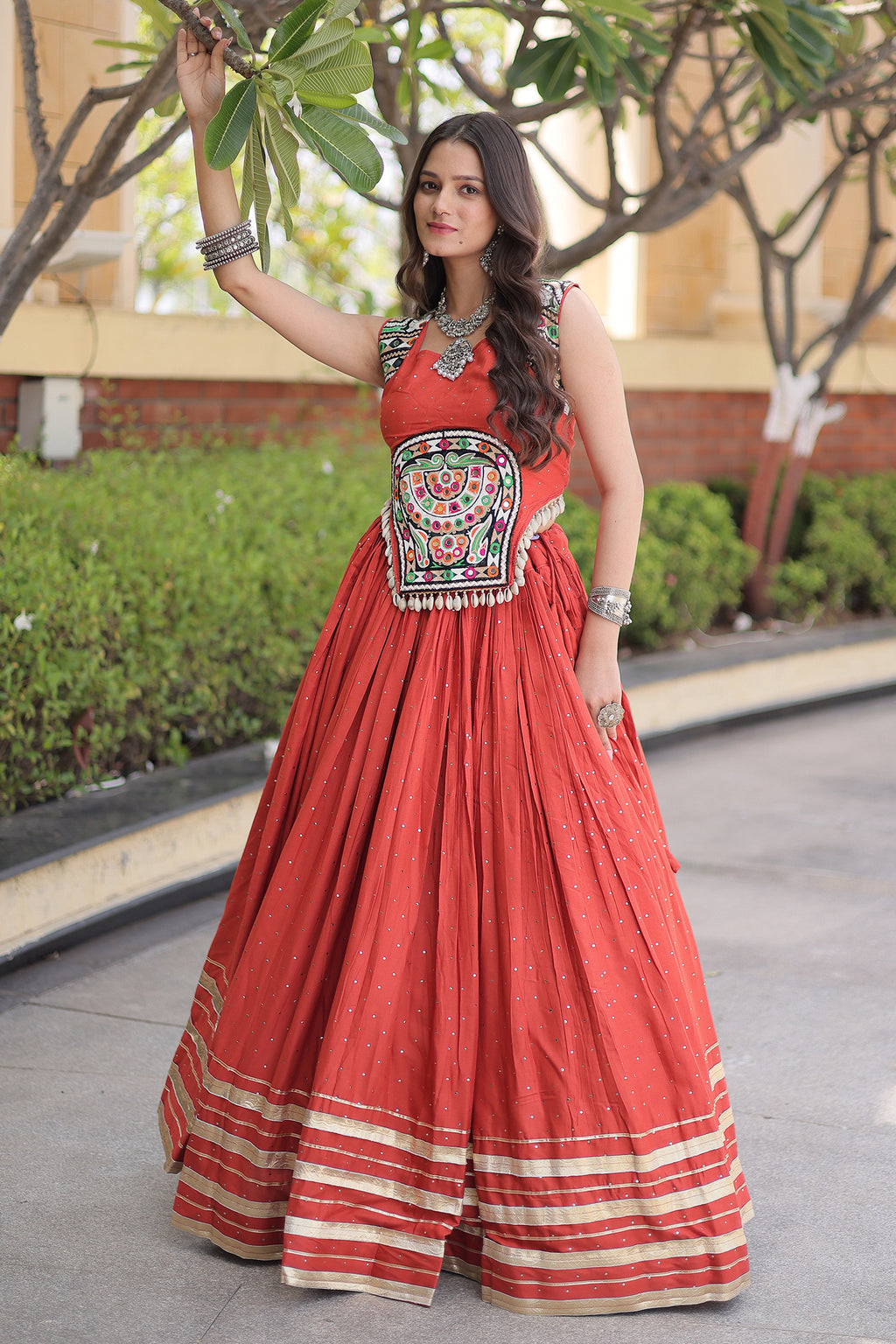 Orange Rayon Mirror and Gota Patti Work Lehenga Choli