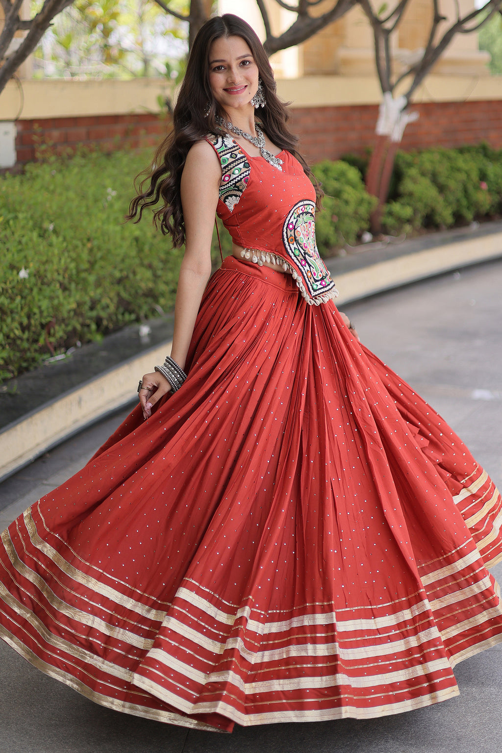 Orange Rayon Mirror and Gota Patti Work Lehenga Choli