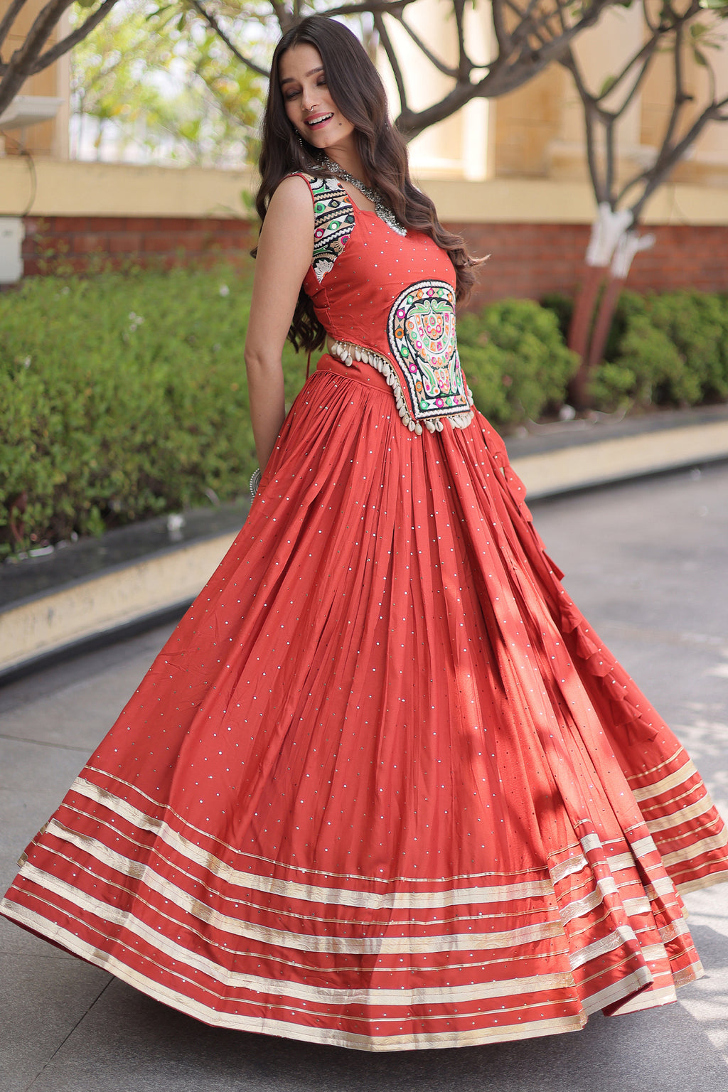 Orange Rayon Mirror and Gota Patti Work Lehenga Choli