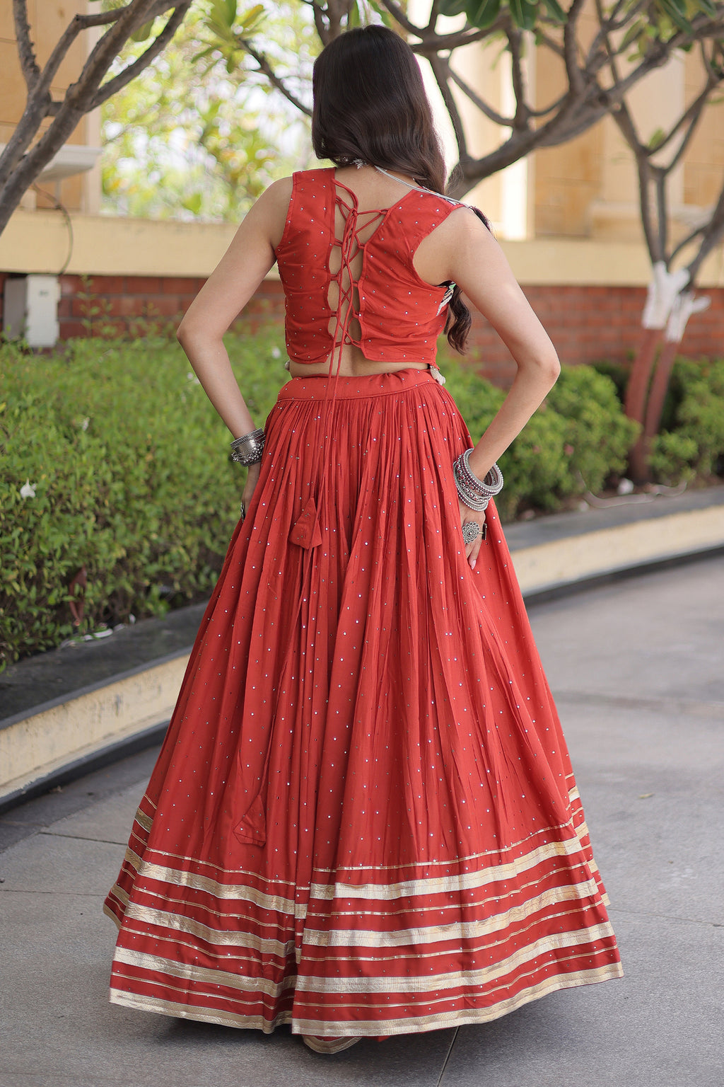 Orange Rayon Mirror and Gota Patti Work Lehenga Choli