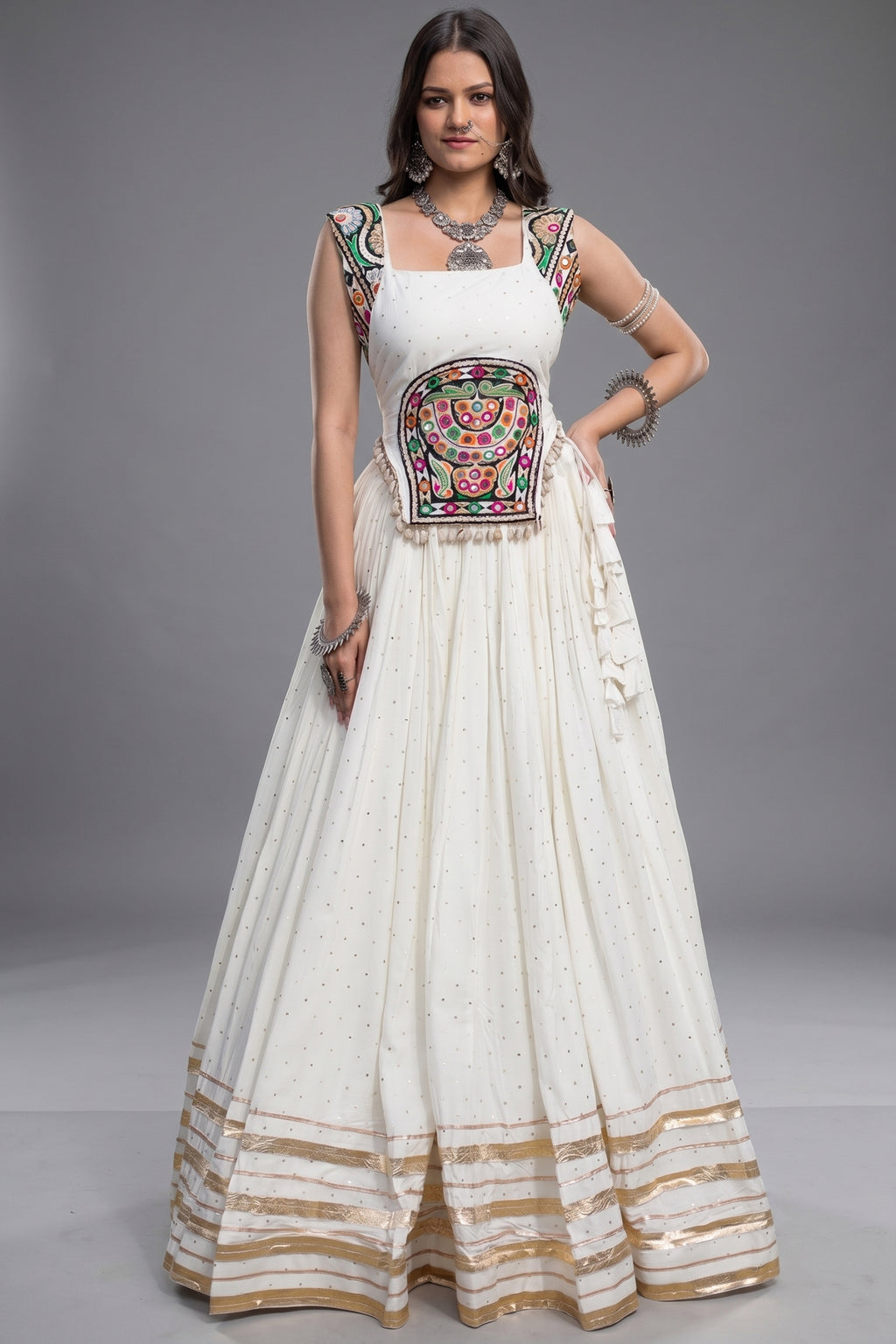 White Rayon Mirror and Gota Patti Work Lehenga Choli