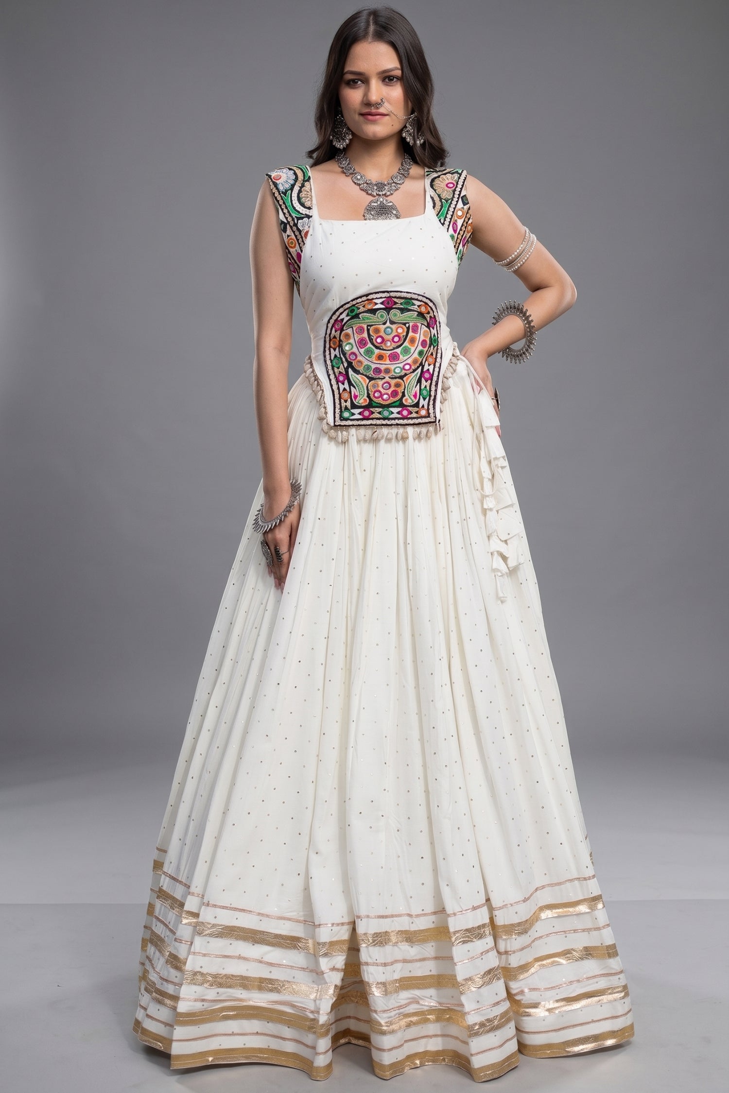 White Rayon Mirror and Gota Patti Work Lehenga Choli