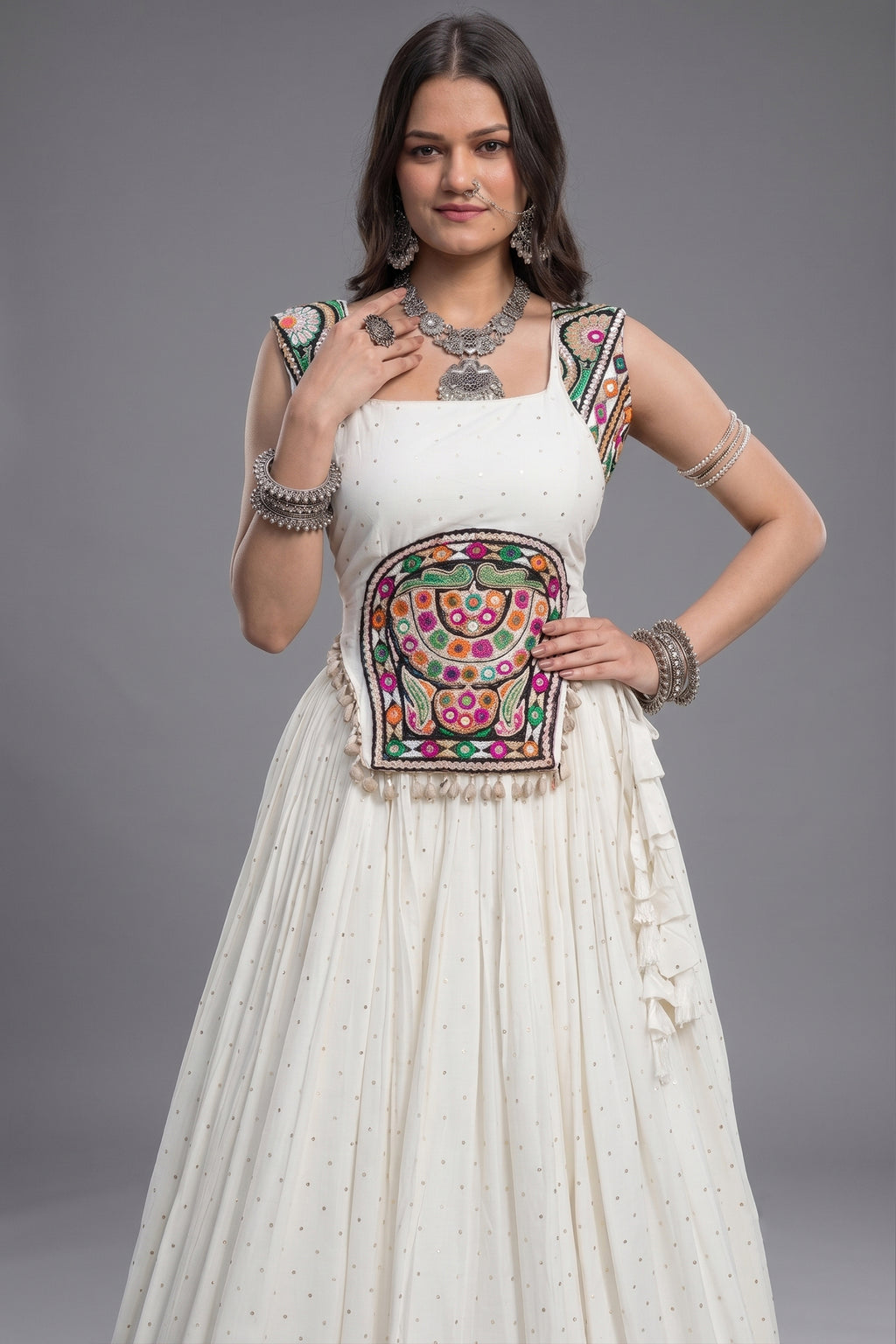 White Rayon Mirror and Gota Patti Work Lehenga Choli
