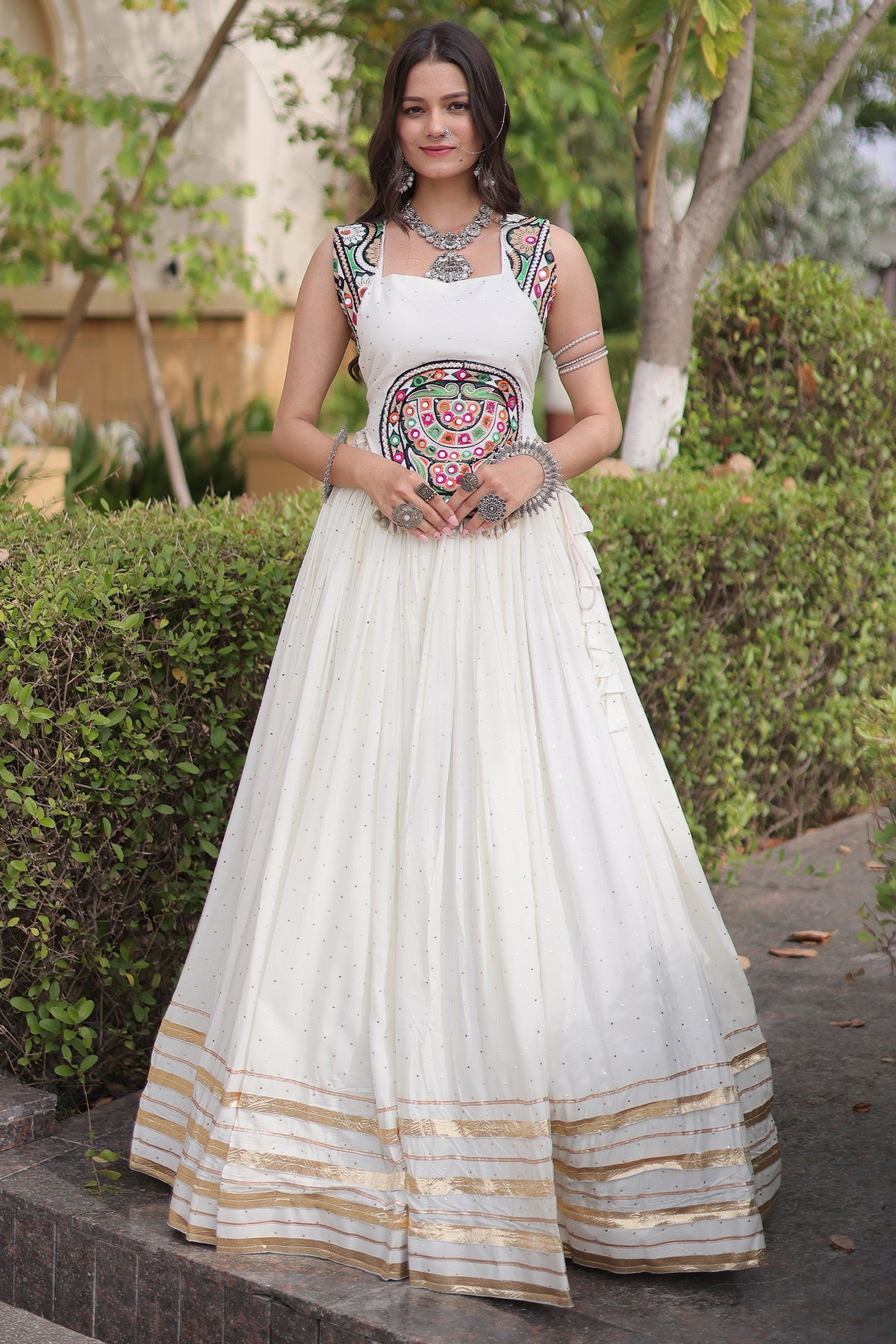 White Rayon Mirror and Gota Patti Work Lehenga Choli