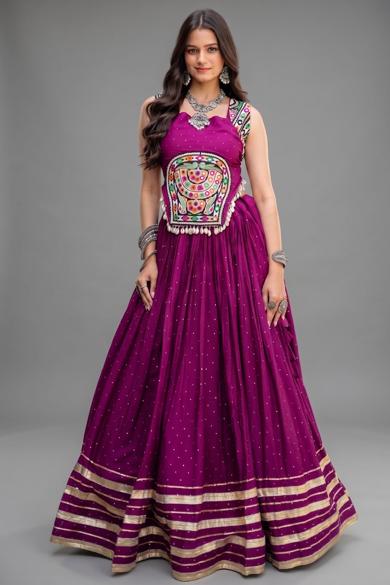 Purple Rayon Mirror and Gota Patti Work Lehenga Choli