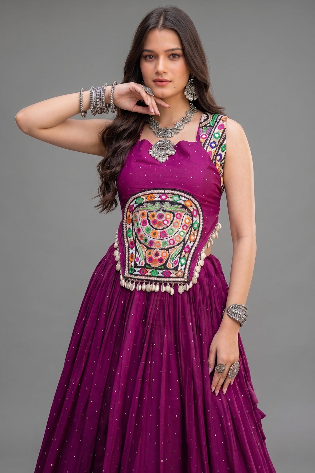 Purple Rayon Mirror and Gota Patti Work Lehenga Choli