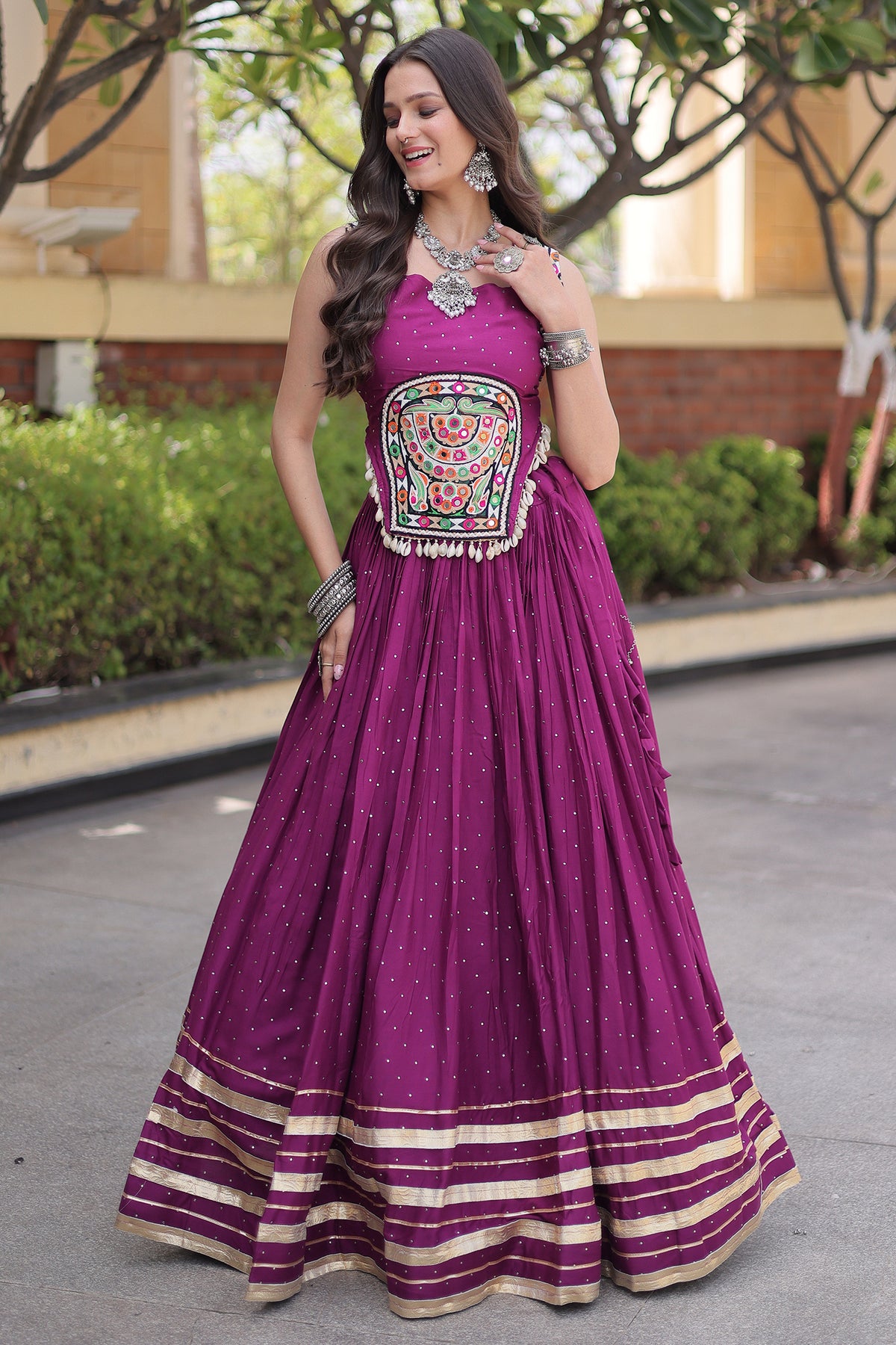 Purple Rayon Mirror and Gota Patti Work Lehenga Choli