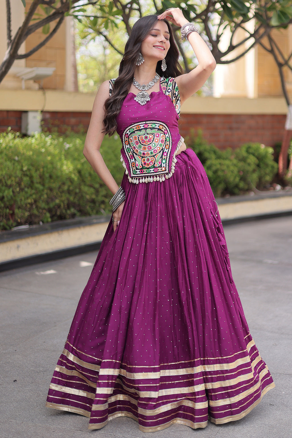 Purple Rayon Mirror and Gota Patti Work Lehenga Choli
