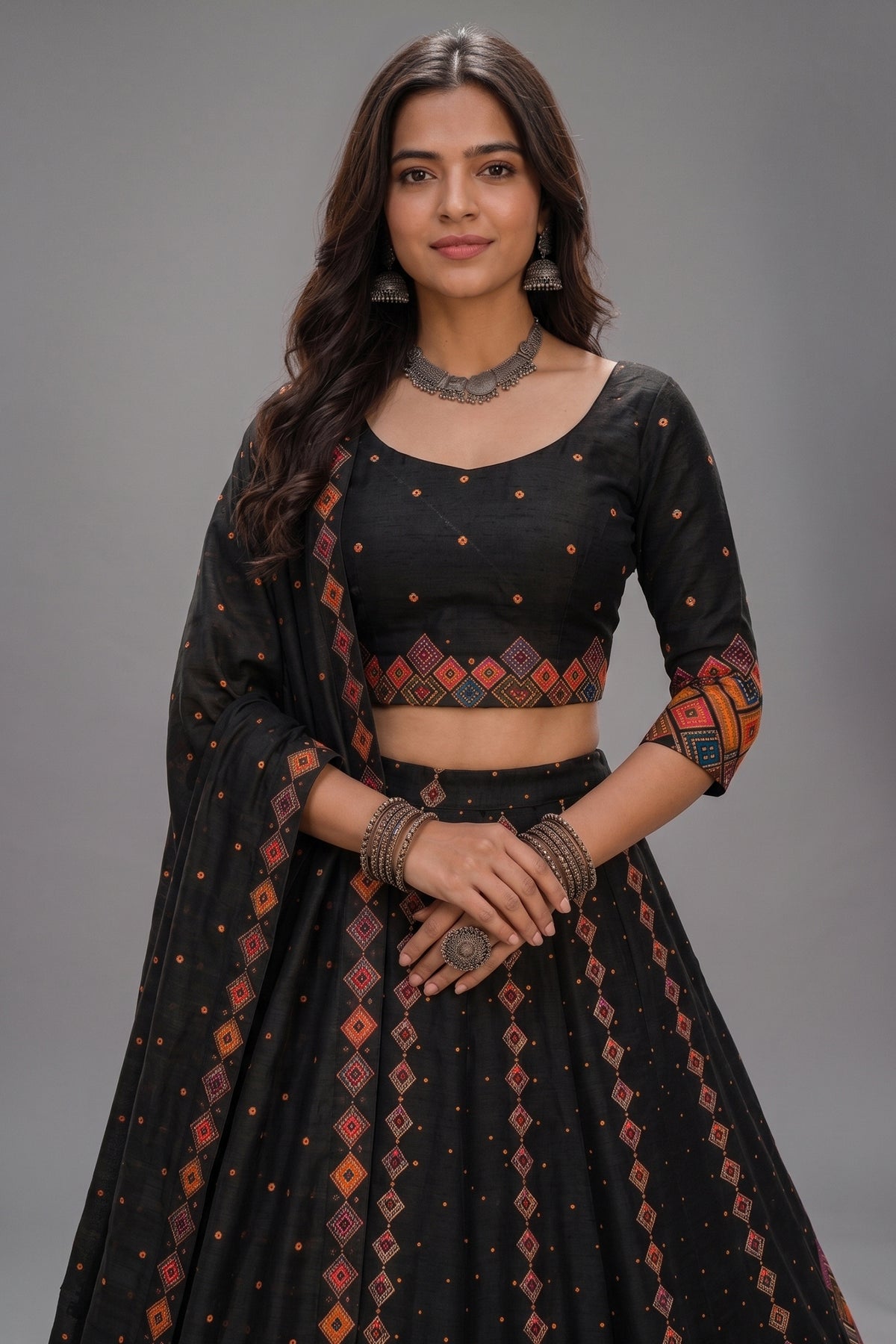 Black Cotton Rayon Lehenga Choli with Printed Geometric Border