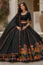 Black Cotton Rayon Lehenga Choli with Printed Geometric Border