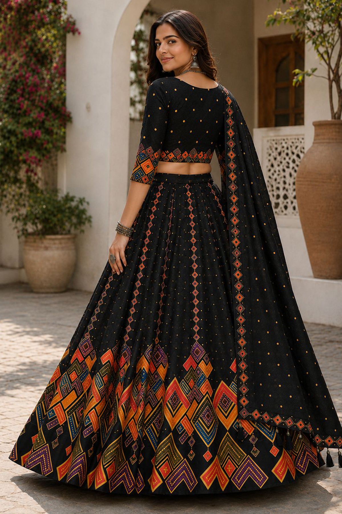 Black Cotton Rayon Lehenga Choli with Printed Geometric Border