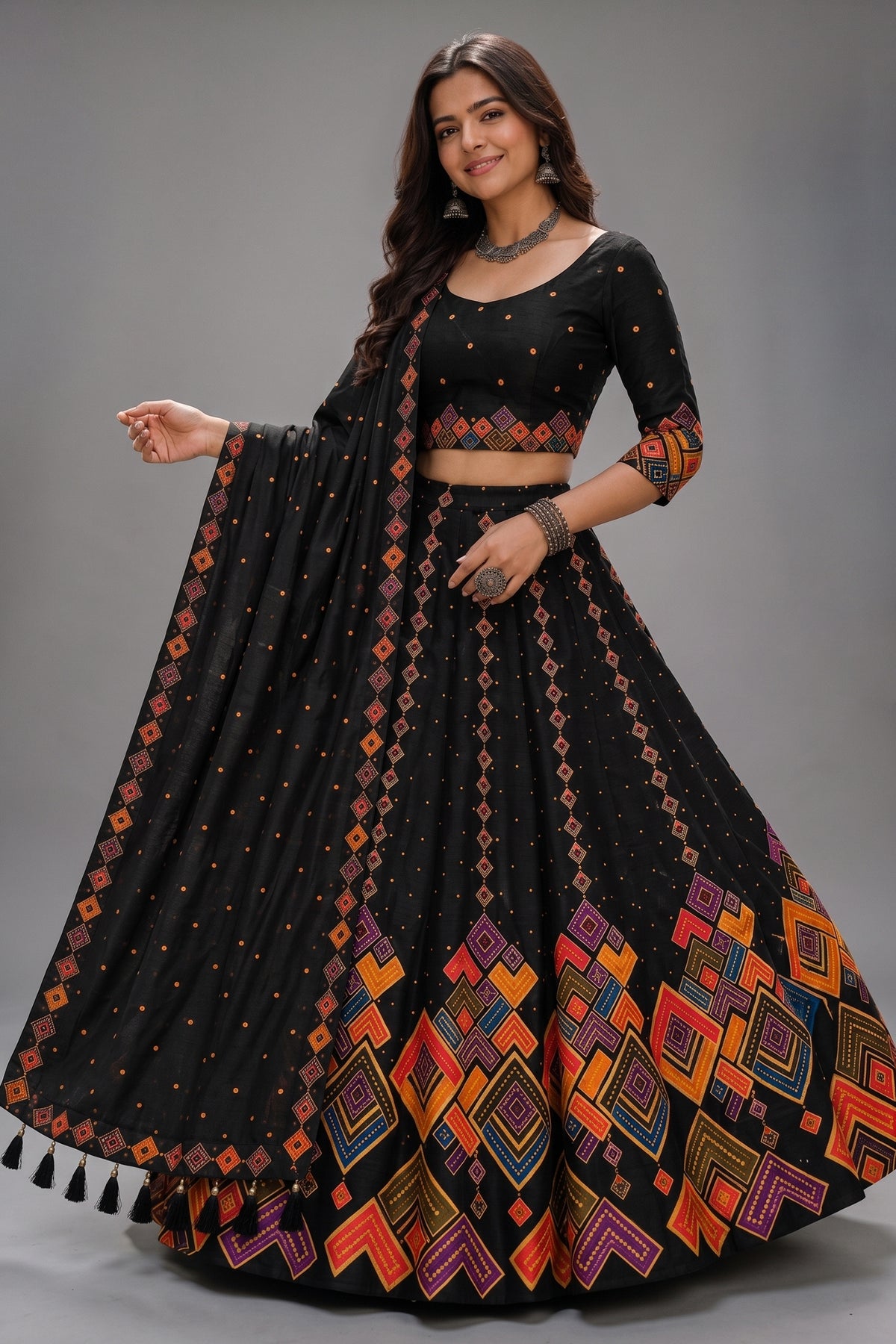 Black Cotton Rayon Lehenga Choli with Printed Geometric Border