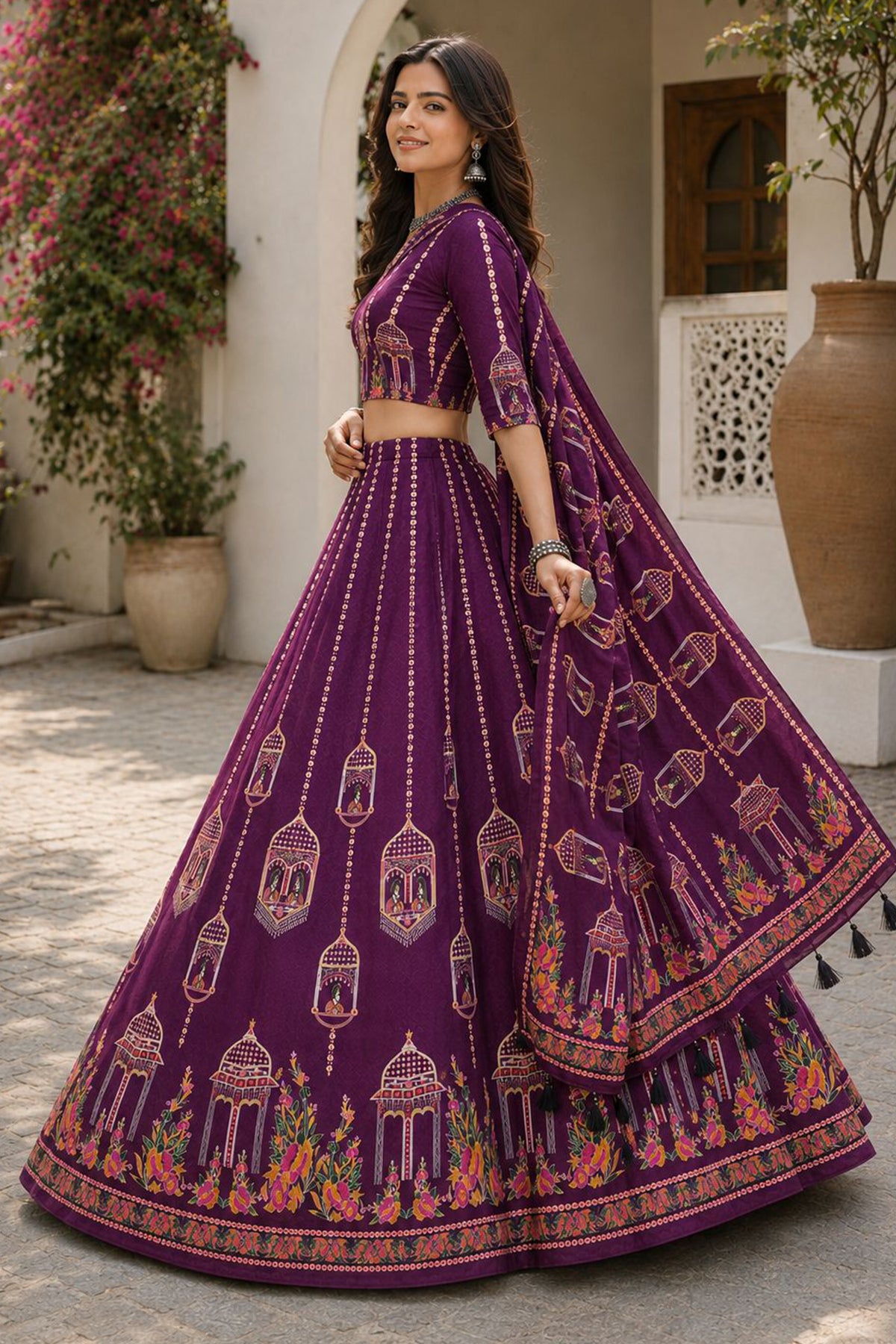 Purple Cotton Rayon Jharokha Printed Lehenga Choli