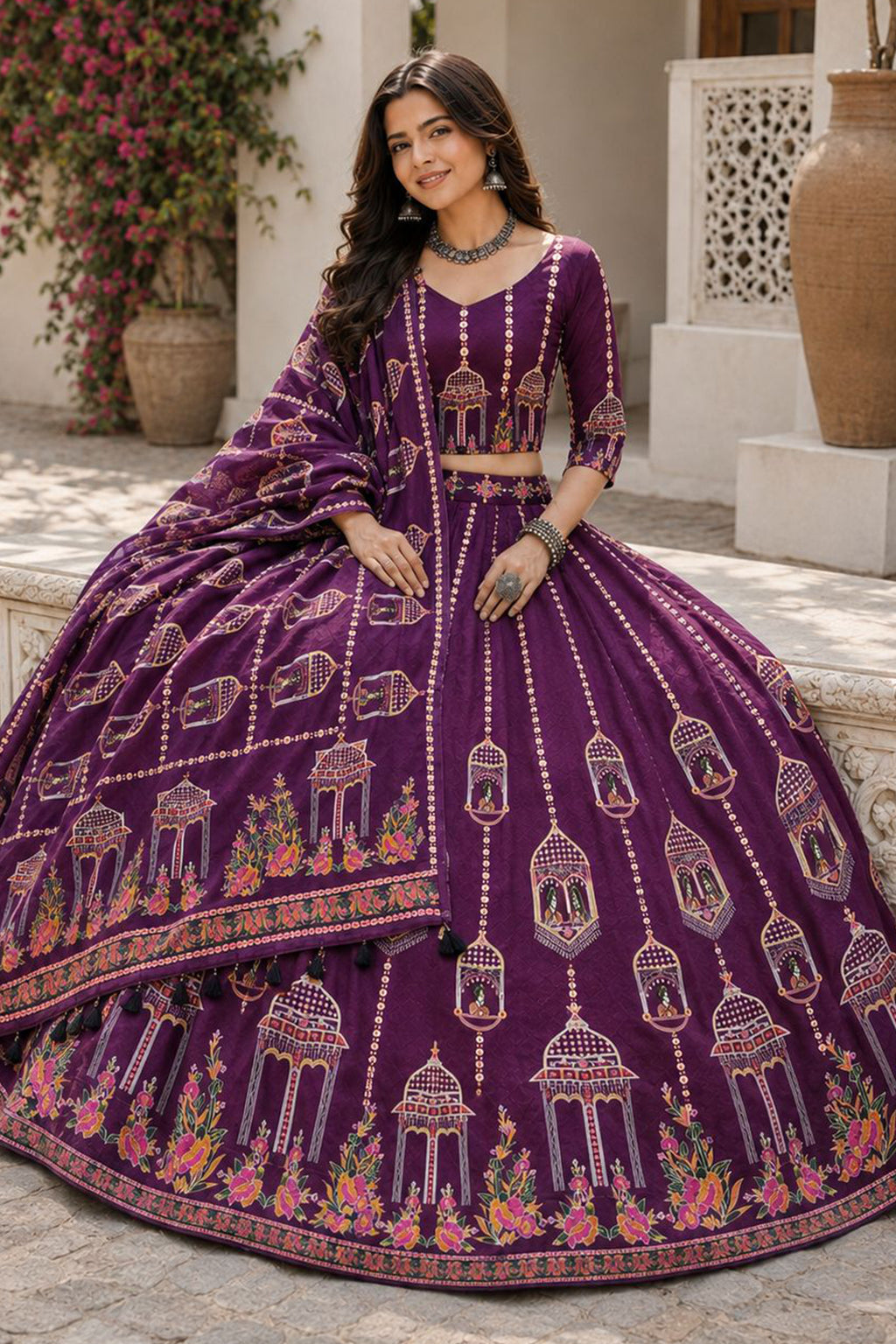 Purple Cotton Rayon Jharokha Printed Lehenga Choli
