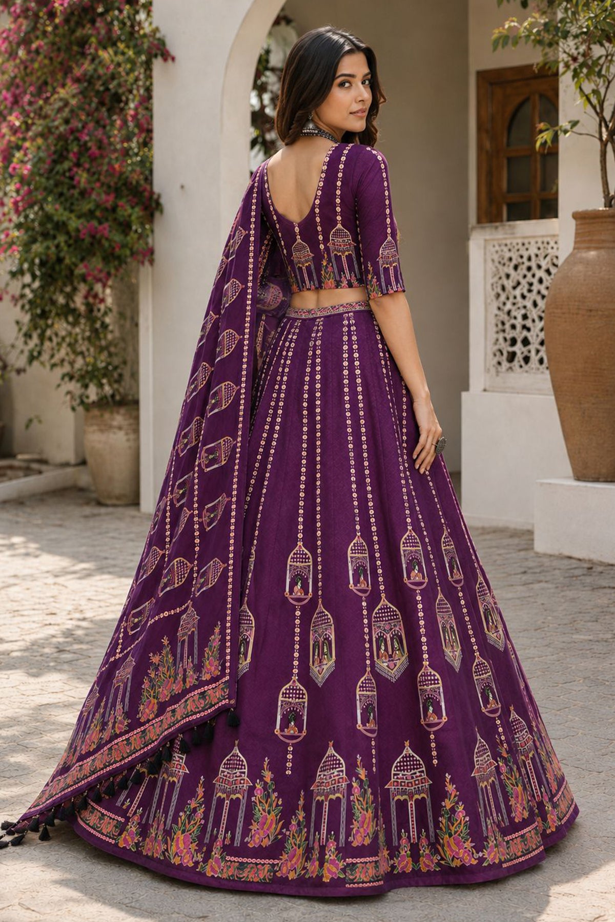 Purple Cotton Rayon Jharokha Printed Lehenga Choli