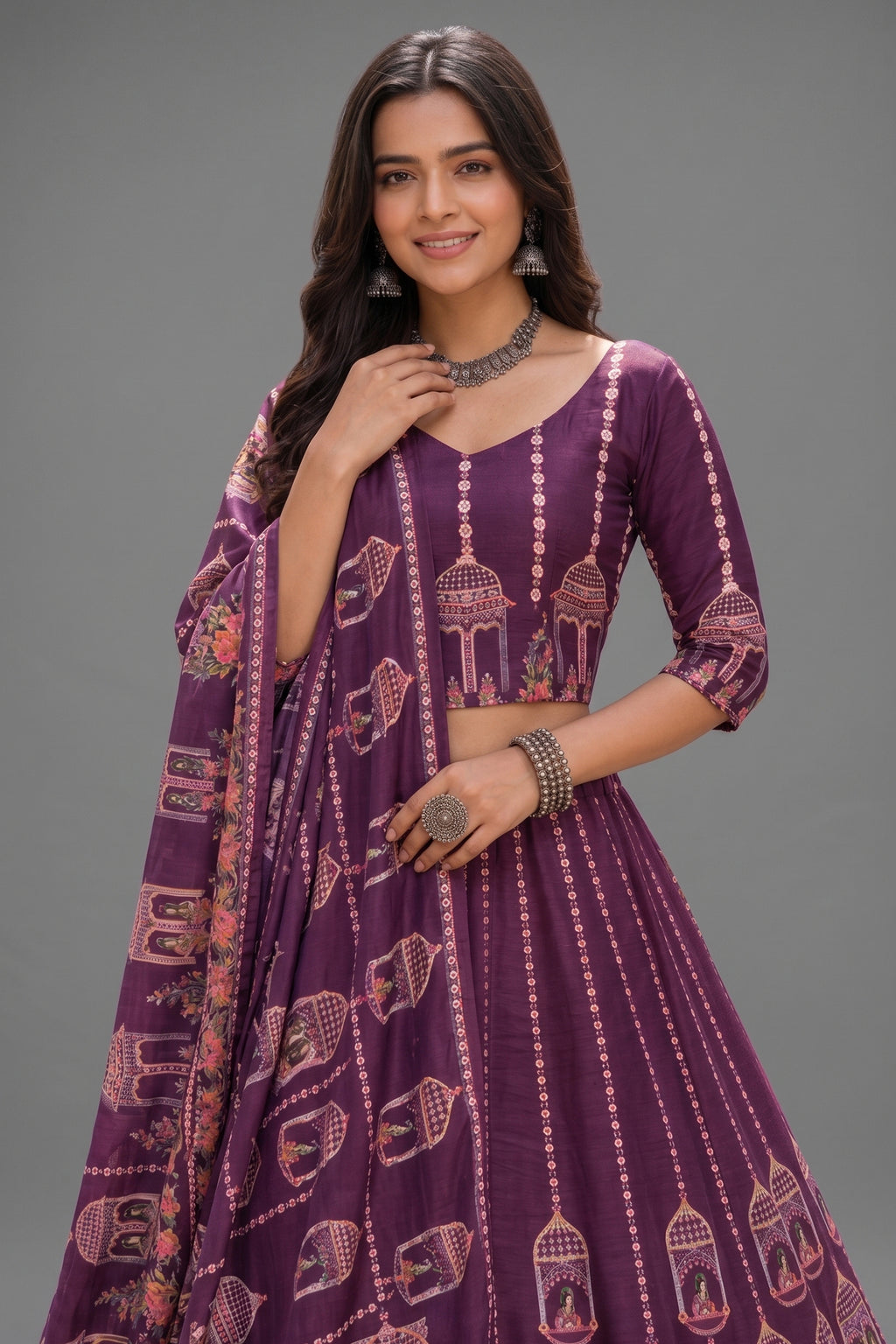 Purple Cotton Rayon Jharokha Printed Lehenga Choli