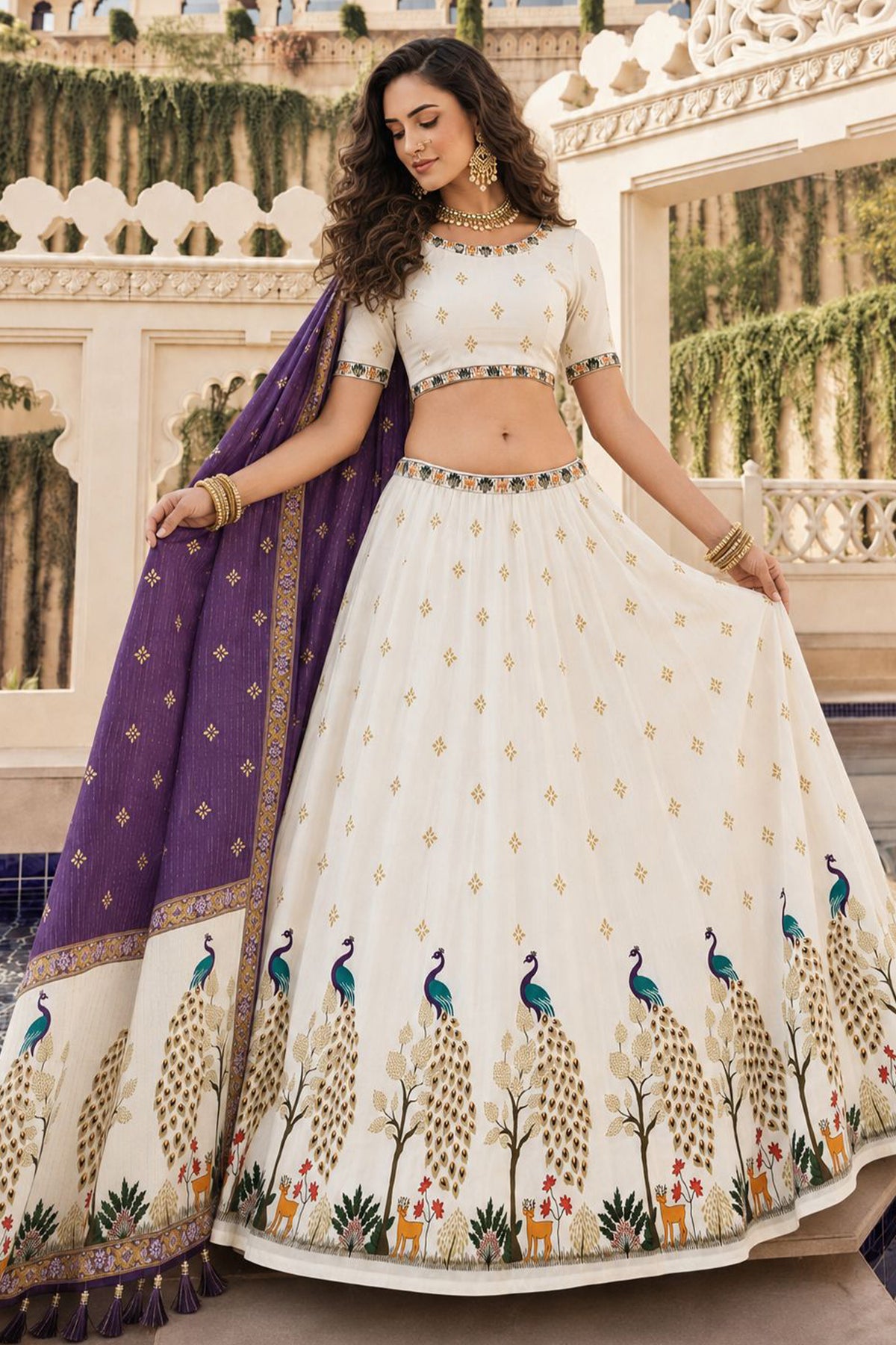 Off White Cotton Rayon Peacock Printed Lehenga Choli