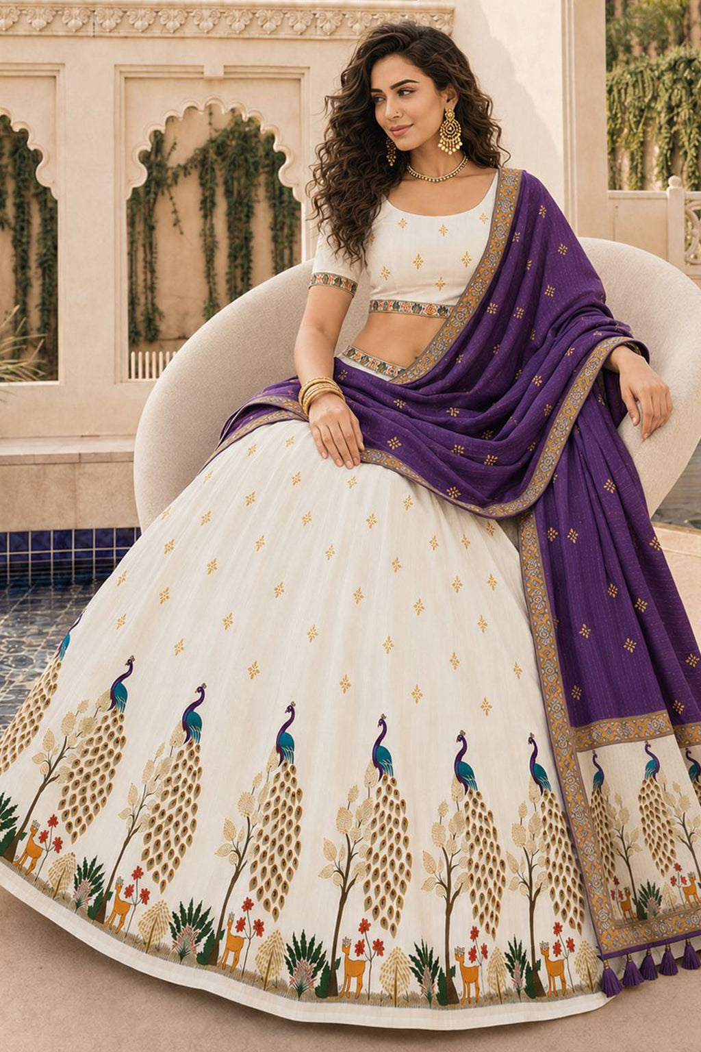 Off White Cotton Rayon Peacock Printed Lehenga Choli
