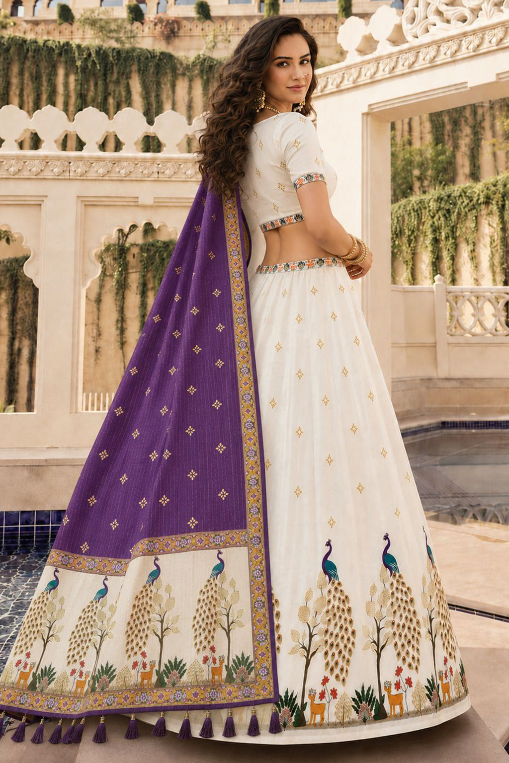 Off White Cotton Rayon Peacock Printed Lehenga Choli