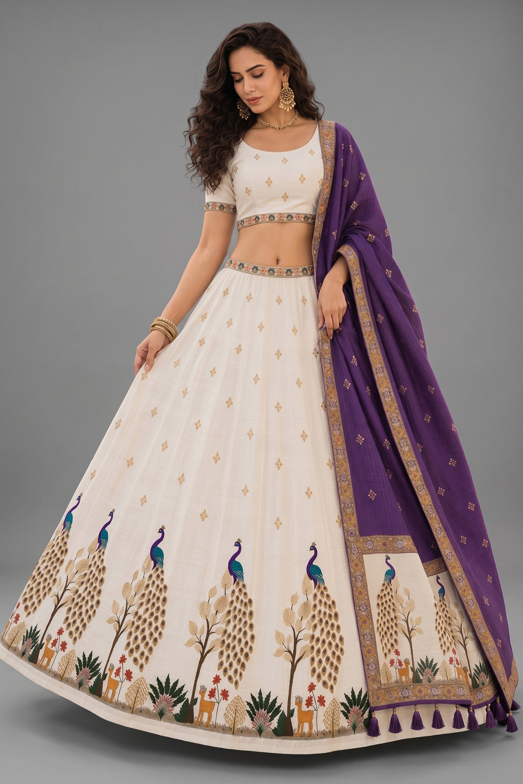 Off White Cotton Rayon Peacock Printed Lehenga Choli