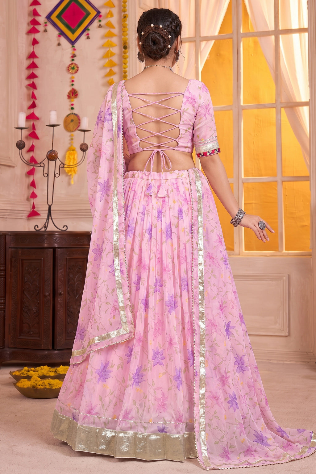 Pink Cotton Rayon Floral Printed Lehenga Choli