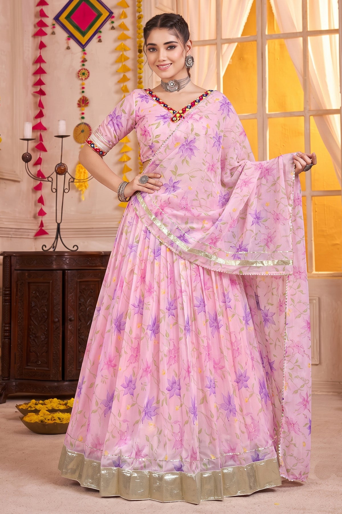Pink Cotton Rayon Floral Printed Lehenga Choli