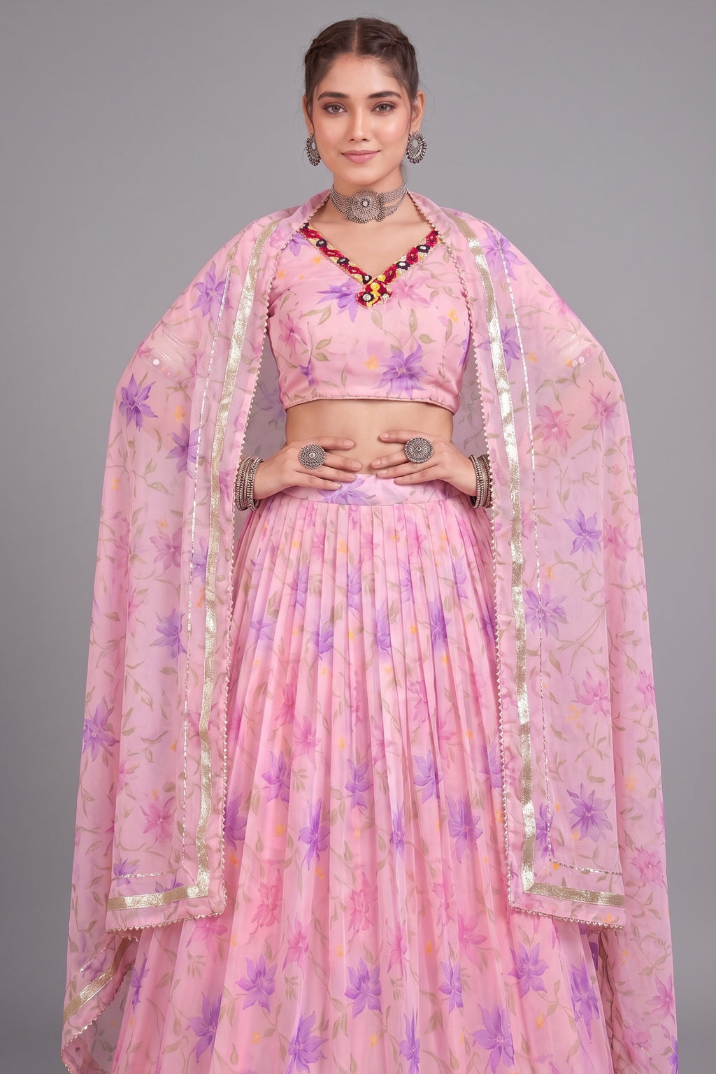 Pink Cotton Rayon Floral Printed Lehenga Choli