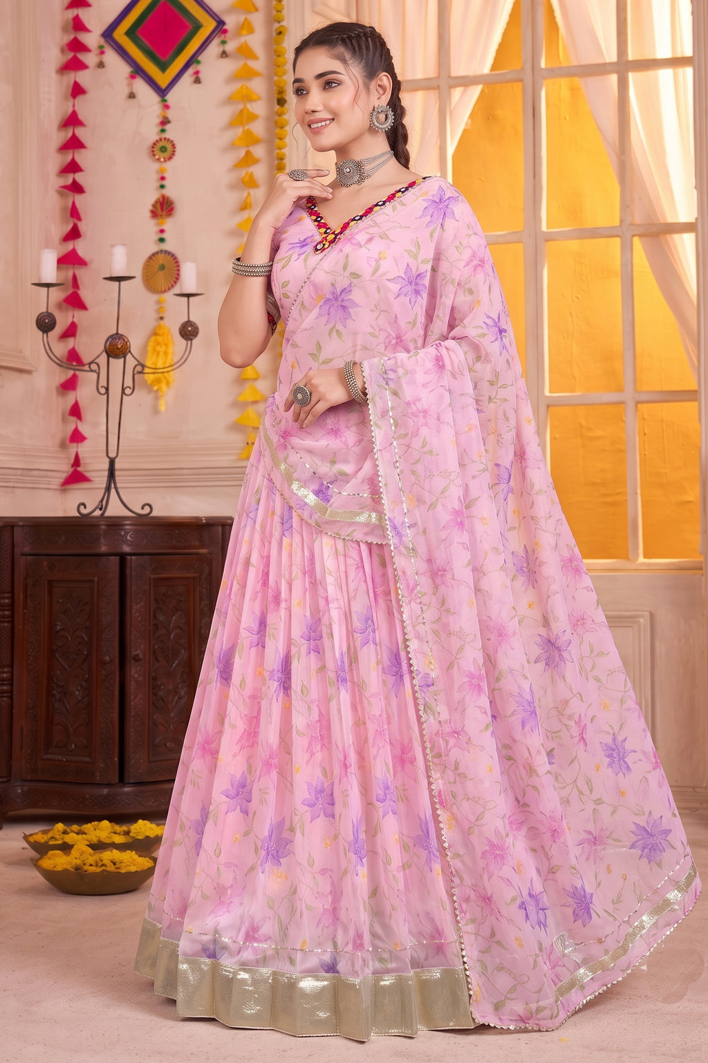 Pink Cotton Rayon Floral Printed Lehenga Choli