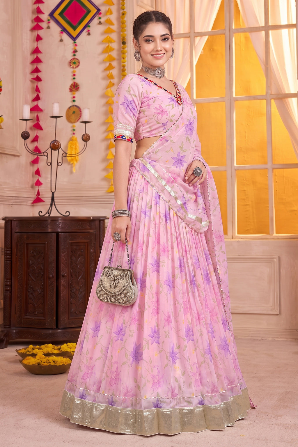 Pink Cotton Rayon Floral Printed Lehenga Choli
