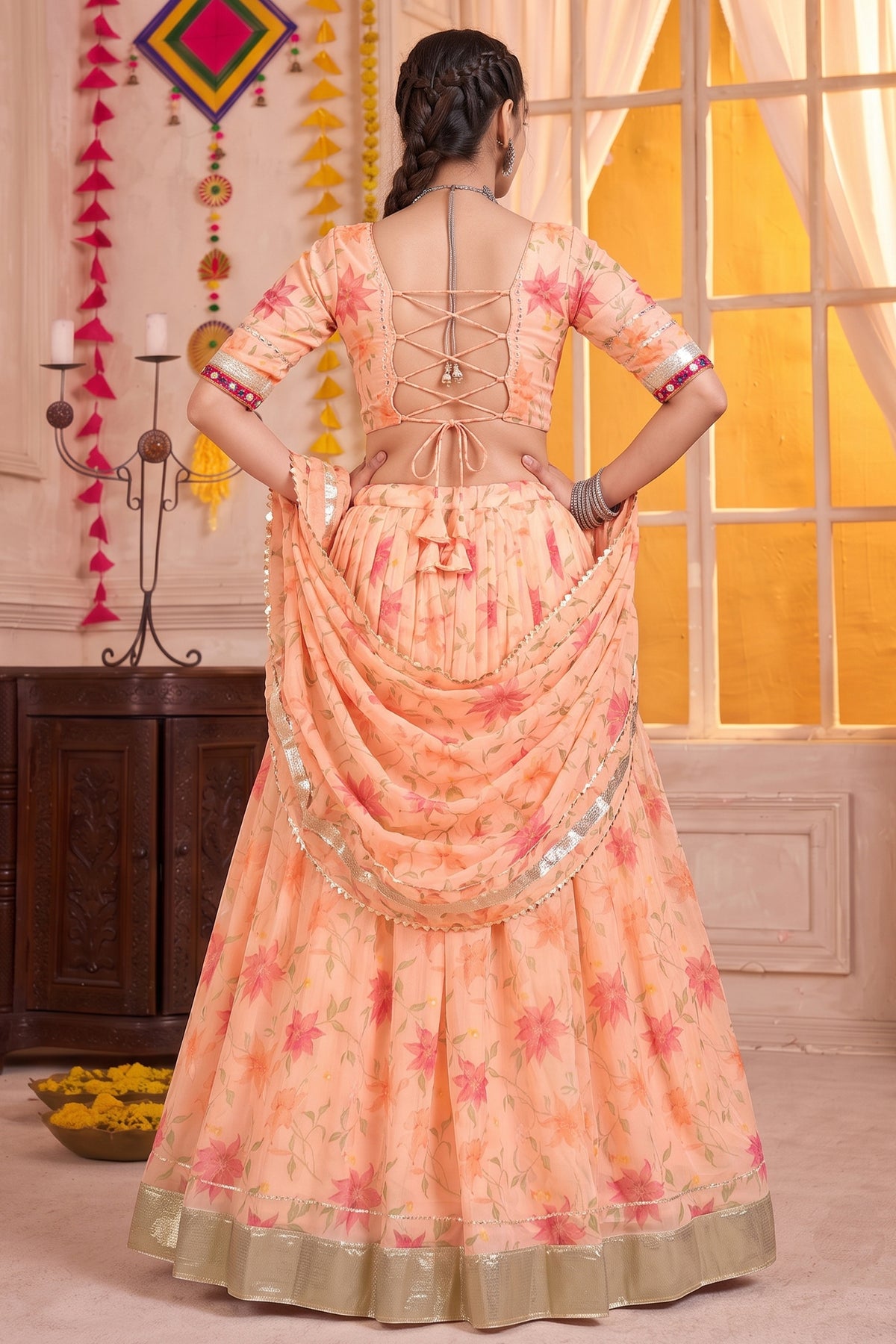 Elegant Peach Printed Lehenga Choli