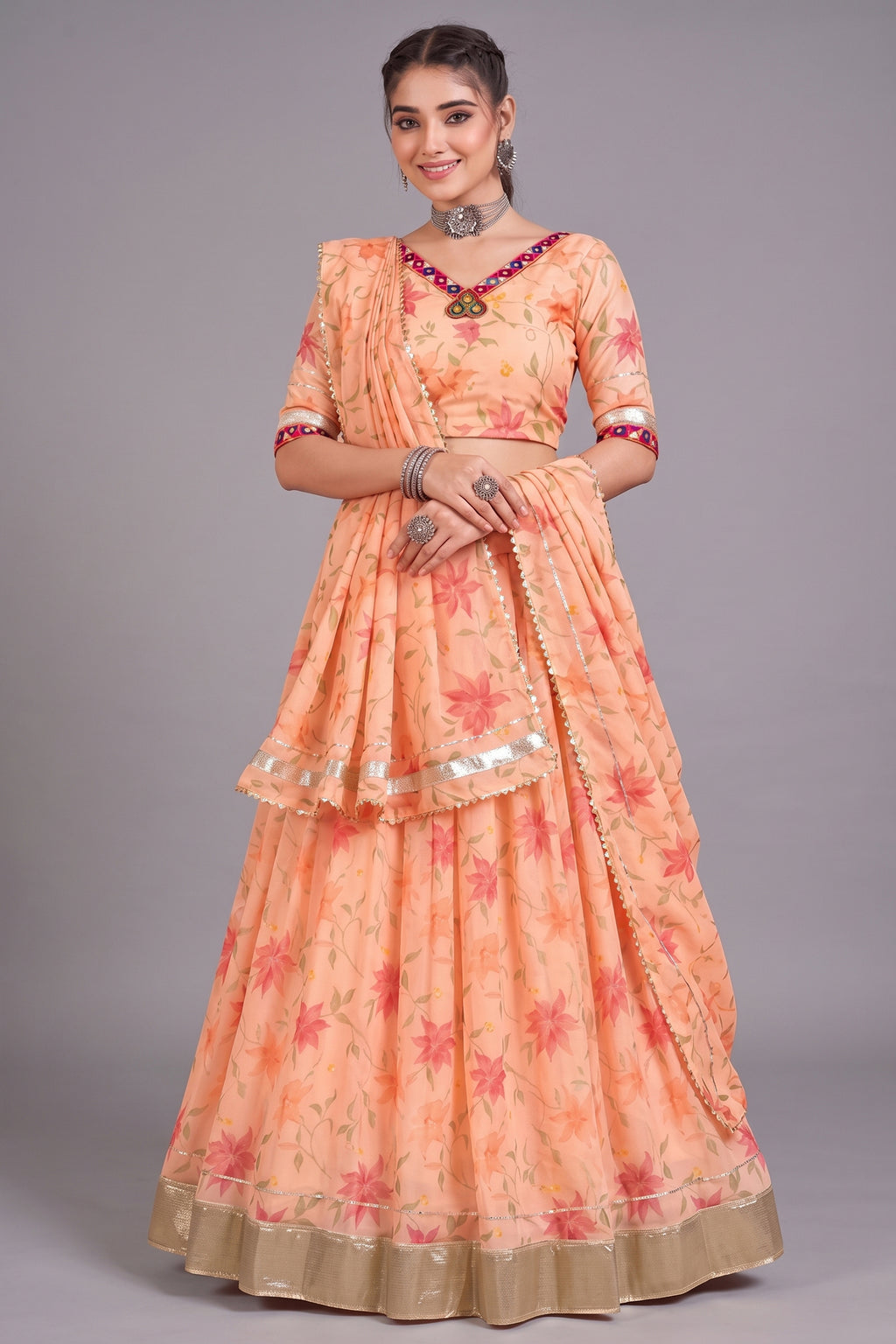 Elegant Peach Printed Lehenga Choli