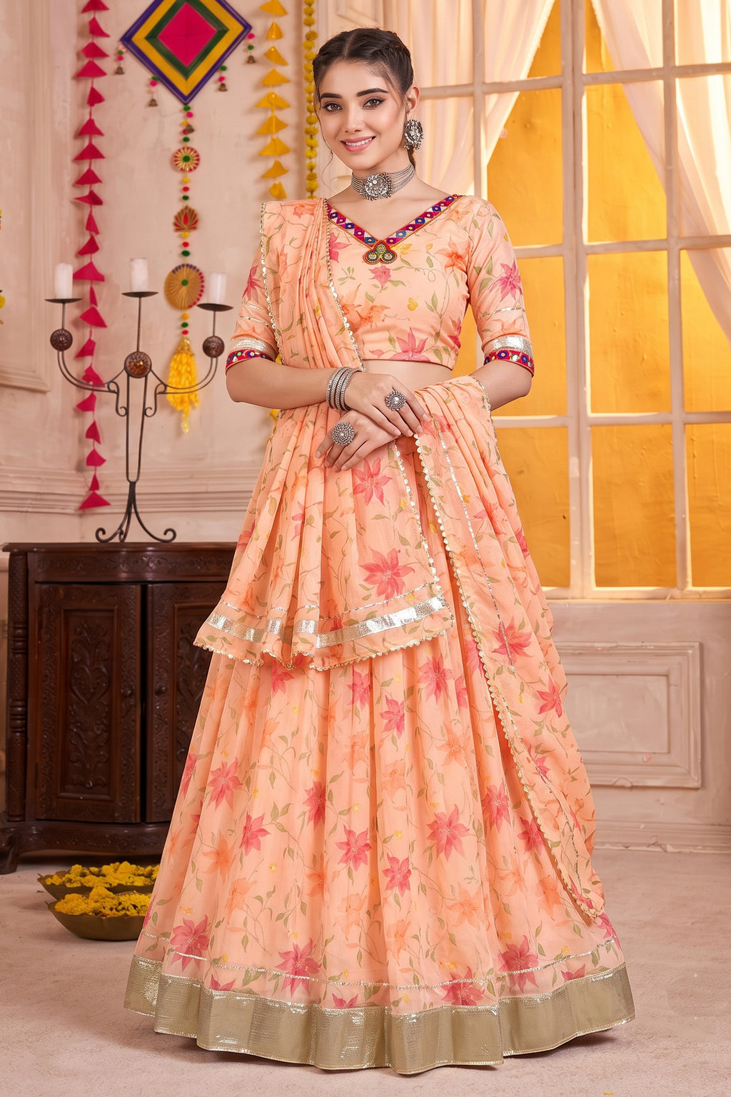 Elegant Peach Printed Lehenga Choli