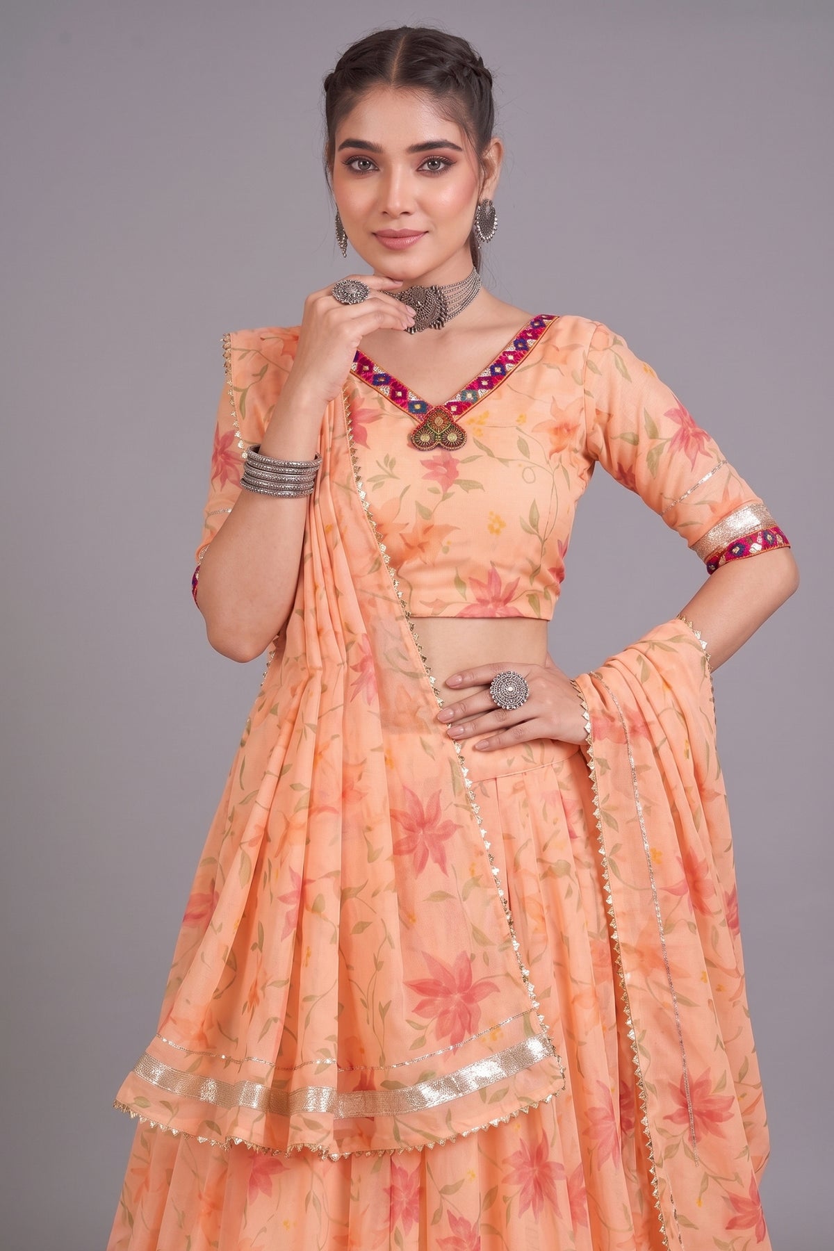 Elegant Peach Printed Lehenga Choli
