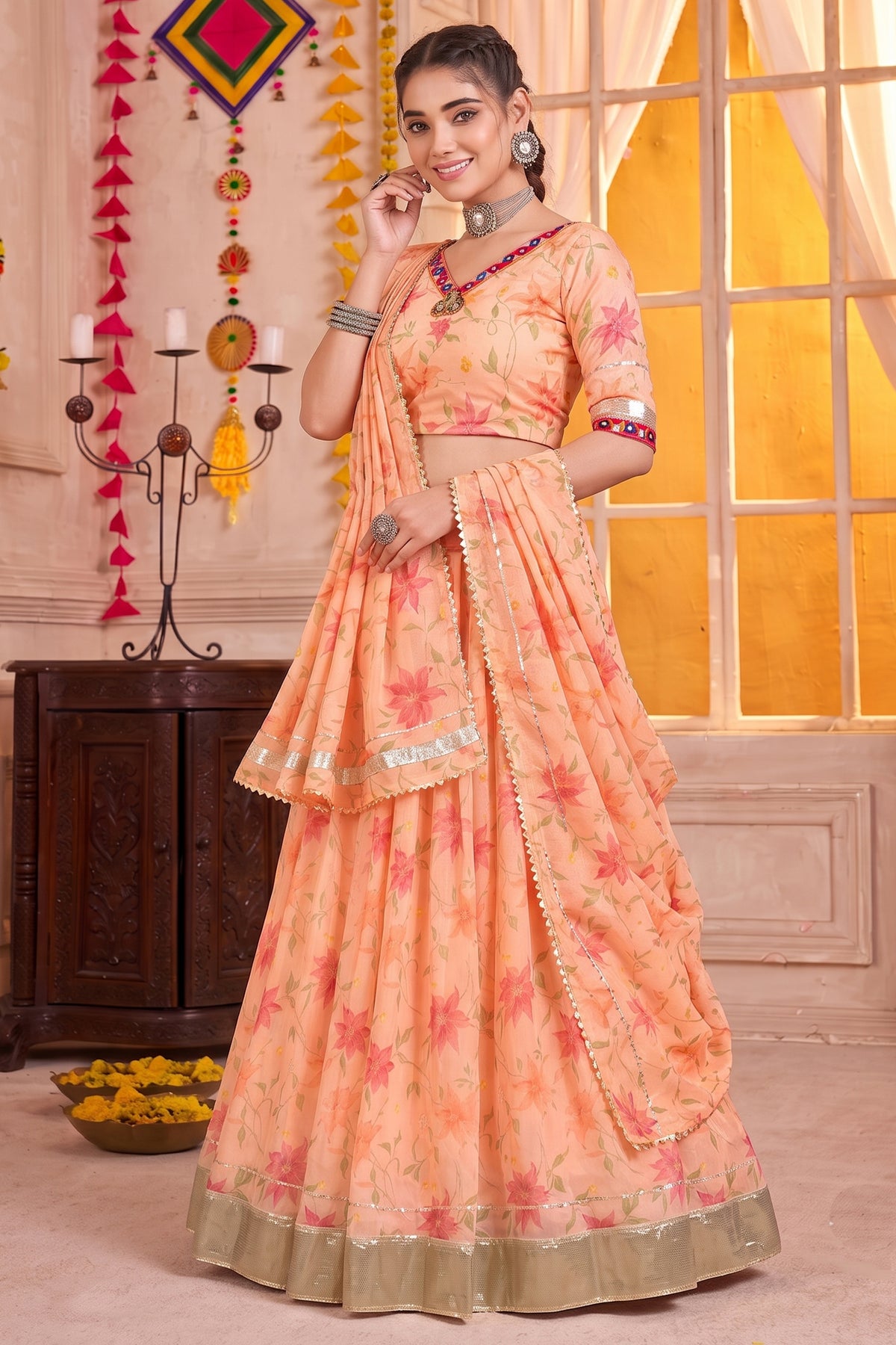 Elegant Peach Printed Lehenga Choli
