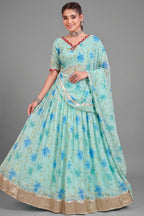 Sky Blue Cotton-Rayon Flared Lehenga with Royal Blue Lily Print & Gold Border